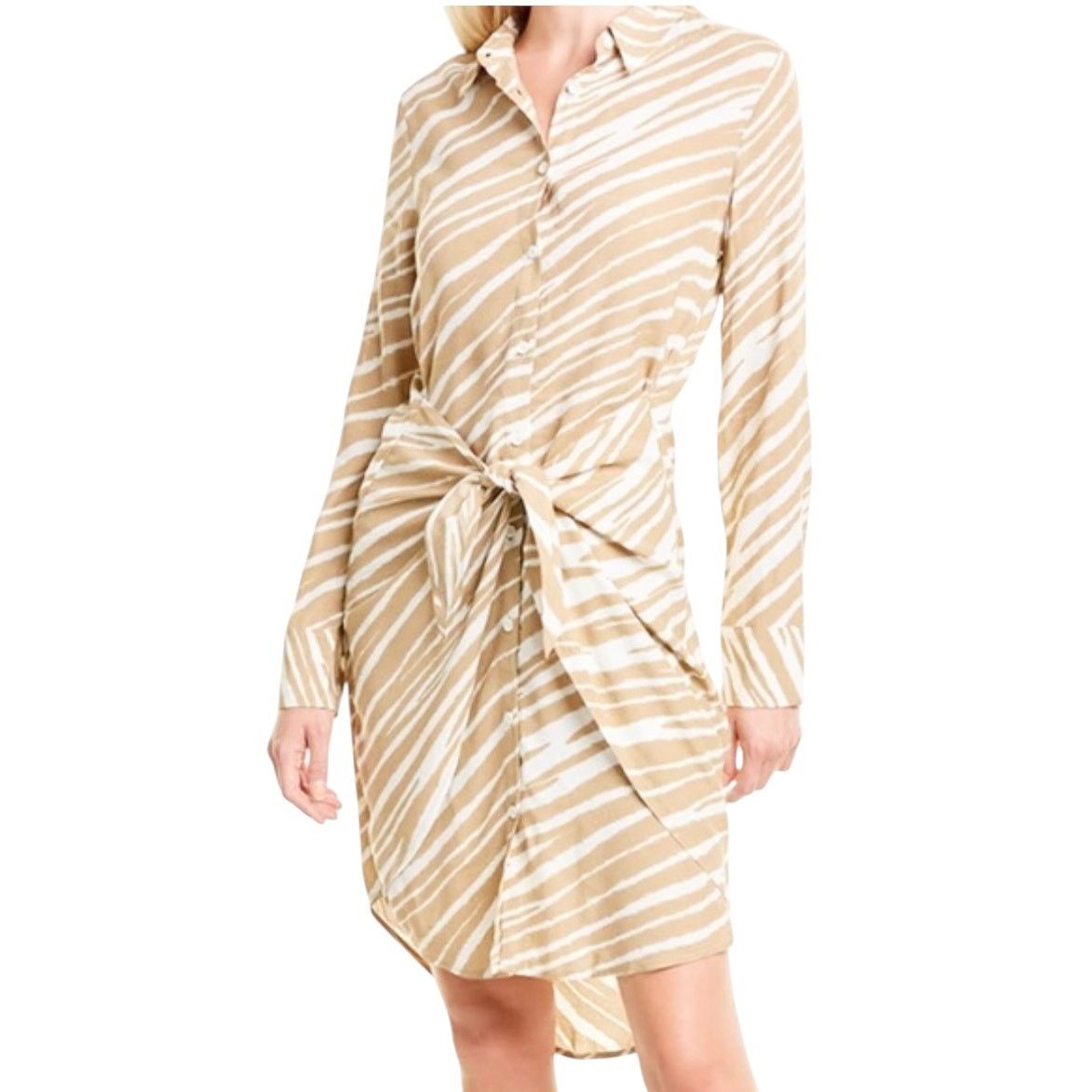 Habitual Talia Gardenia Zebra Beige Tie Waist Shirt Dress