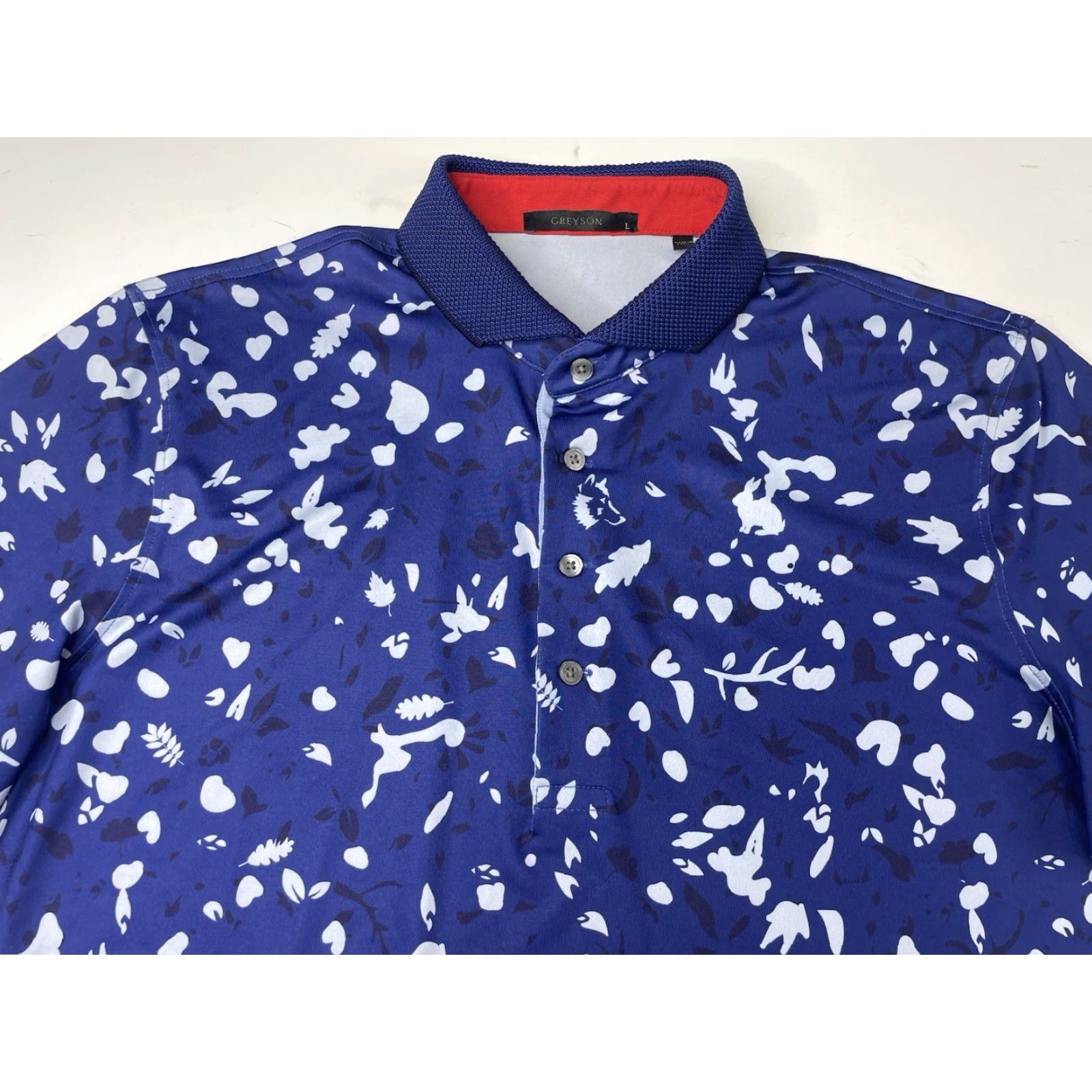 Vintage Greyson Polo Shirt Mens L Wolf Forest AOP White Beeches GC NJ Blue Golf Wolf Forest L Mens Polo Shirt Size US L / EU 52-54 / 3 - 2 Thumbnail