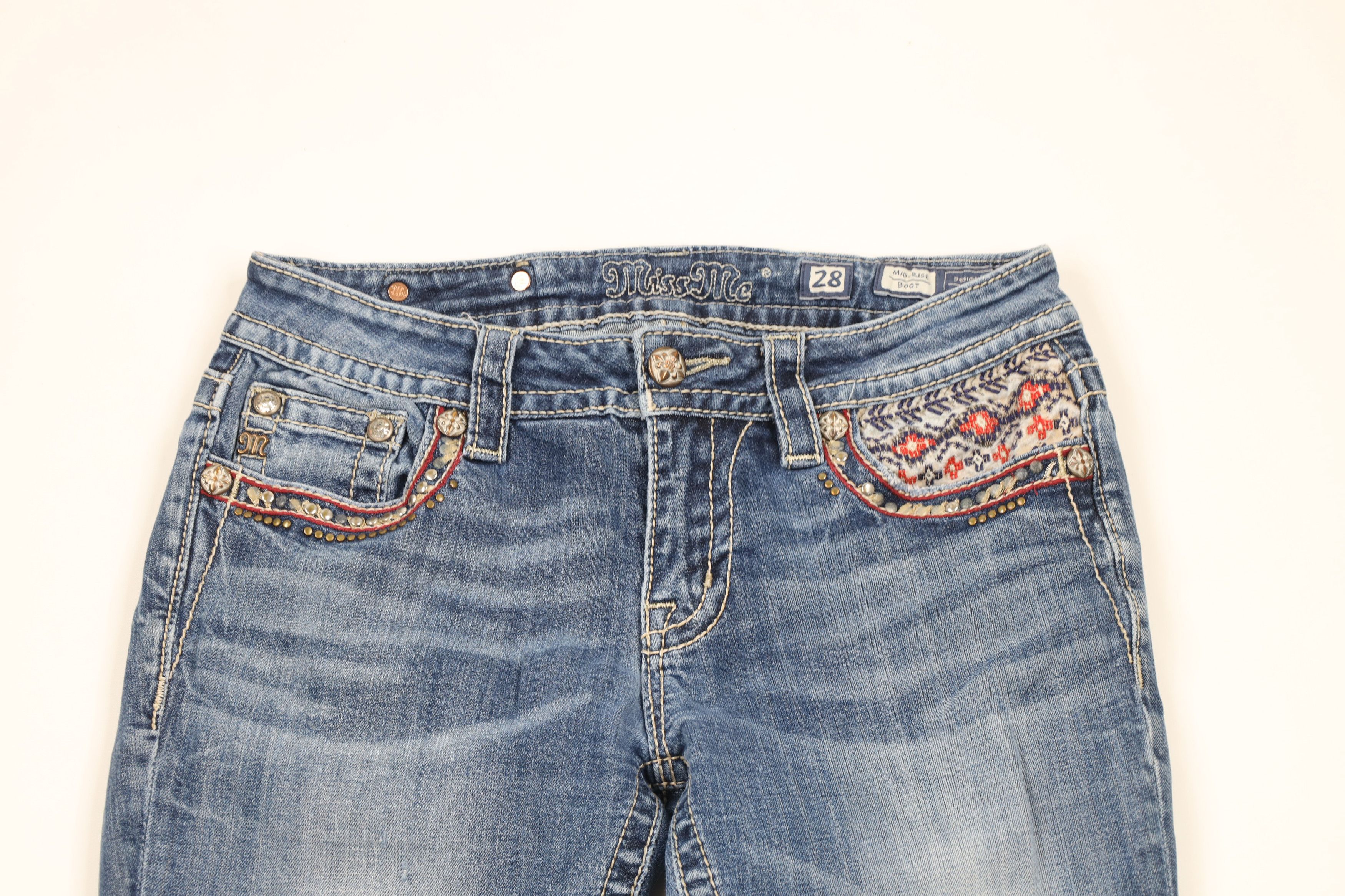 Miss Me × Vintage Miss Me Stitch Southwestern Stretch Mid Rise Boot Jeans Size 28" / US 6 / IT 42 - 2 Thumbnail