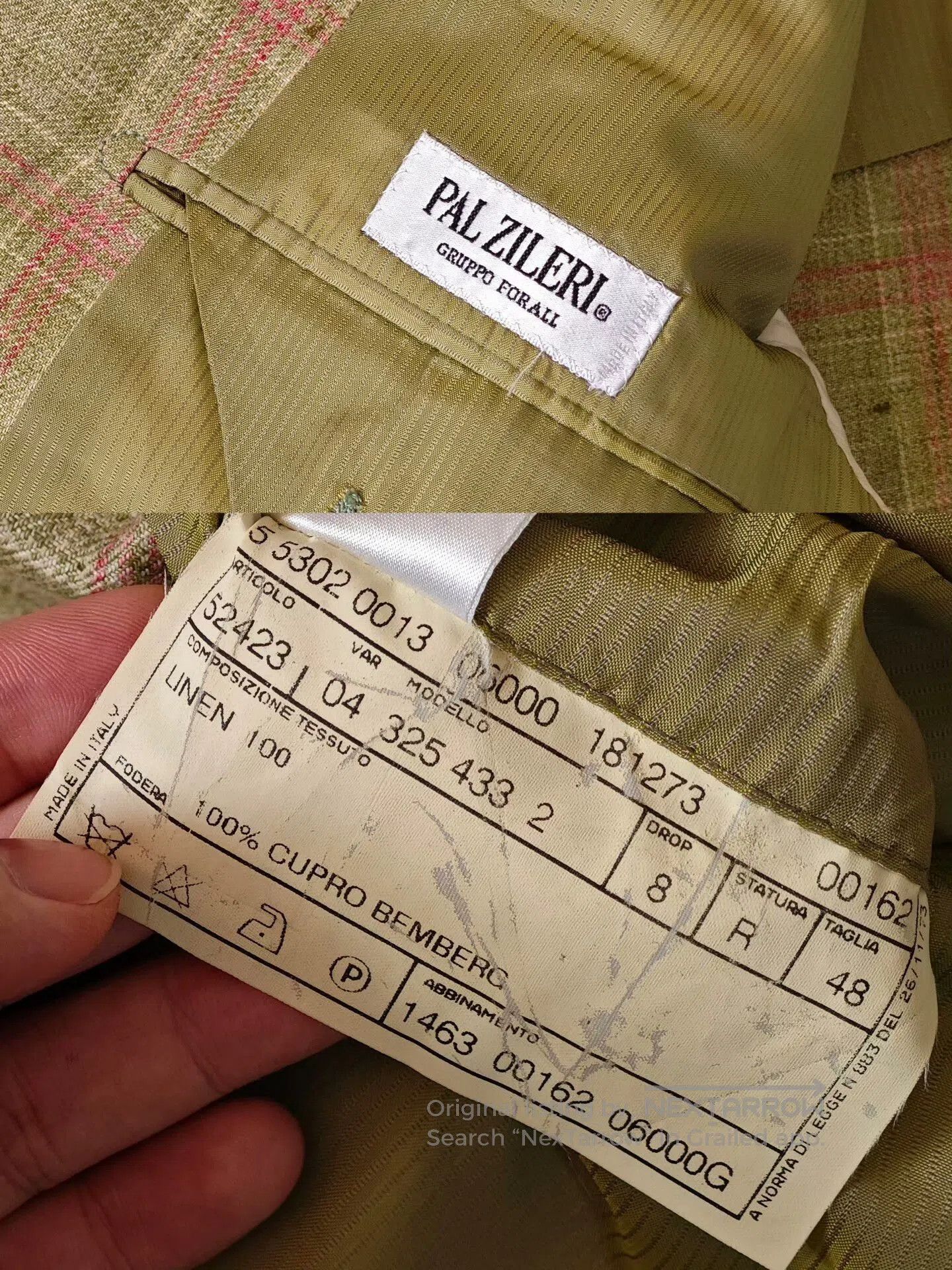 Pal Zileri Italian Green Linen Blazer with Pink Check. Size US M / EU 48-50 / 2 - 7 Thumbnail
