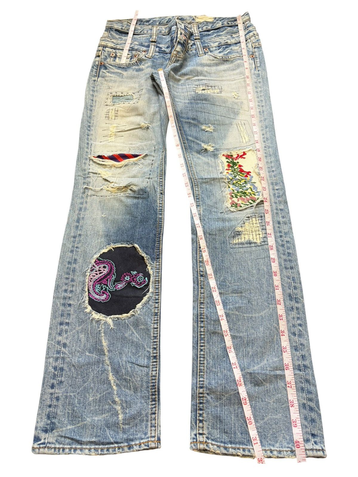 Kapital Vintage Antgauge Double Waist Patch Sashiko Distress Jeans Size 30" / US 8 / IT 44 - 7 Thumbnail