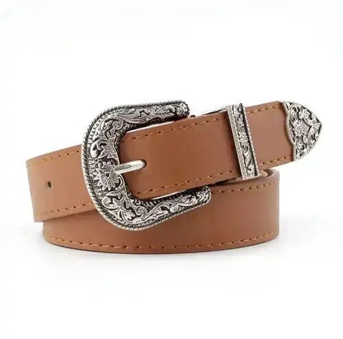 Genuine Leather Women Light Brown Retro Pin Buckle Belt Vintage Carved Belt Size ONE SIZE - 4 Thumbnail