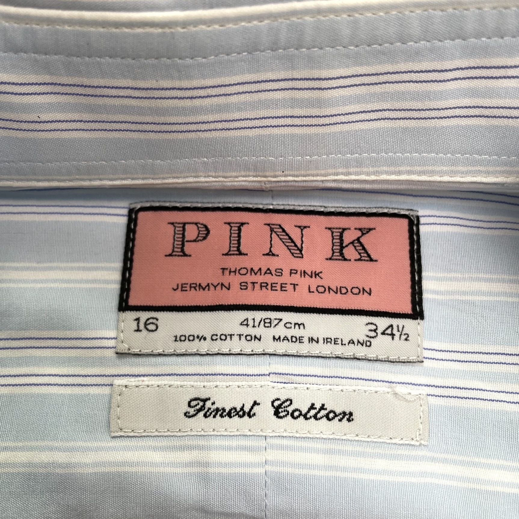 Pinko Thomas Pink Dress Shirt Mens 16 34.5 Blue Striped Jermyn Street Finest Cotton Button-Down Collar 16 in Neck French Cuff Regular Size 34R - 5 Thumbnail