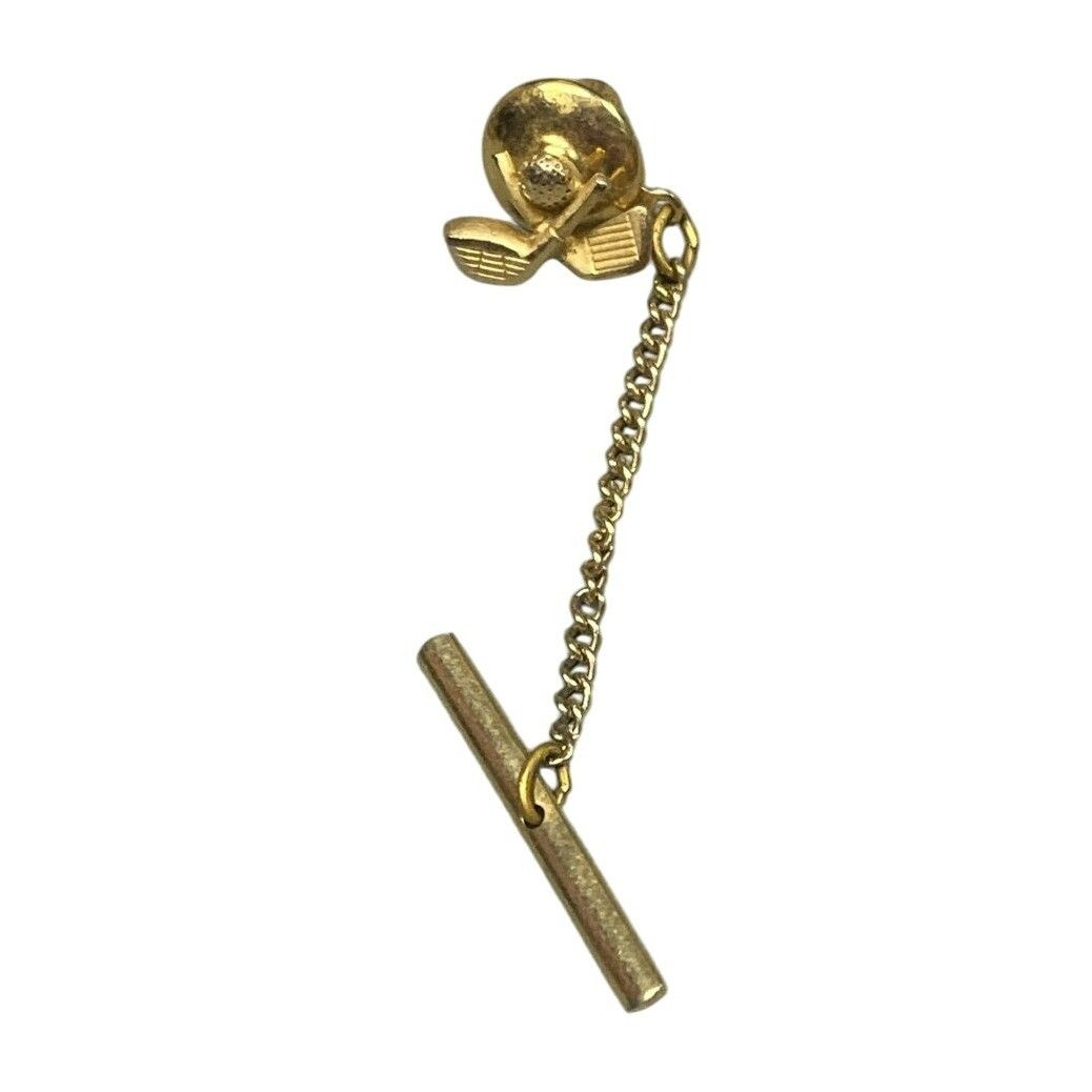 Other Vintage Gold Tone Golf Ball & Club Tie Tack With Chain & Bar Size ONE SIZE - 1 Thumbnail