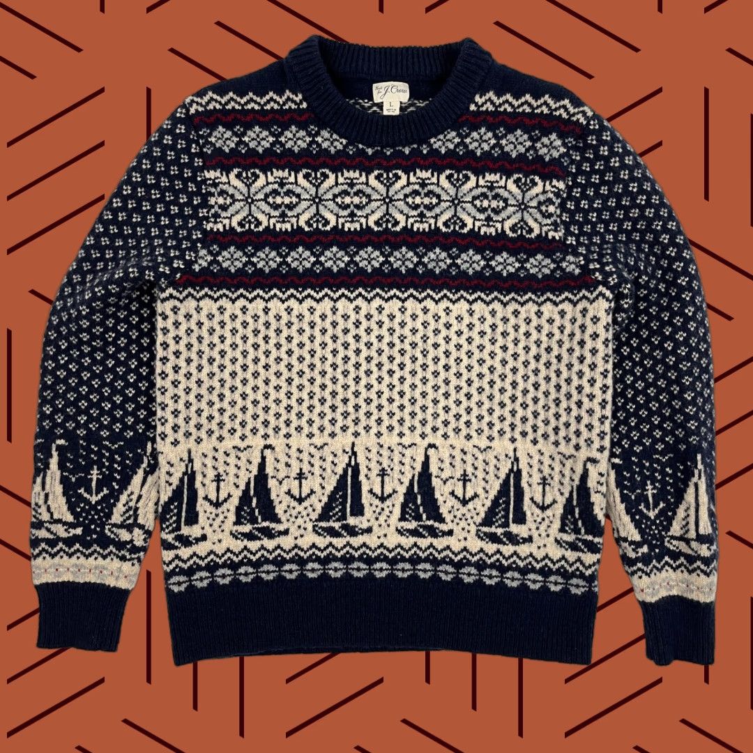 J.Crew J. Crew Sweater Womens L Lambs Wool Fair Isle Birds Eye Nautical Pullover BU886 Size L / US 10 / IT 46 - 1 Thumbnail