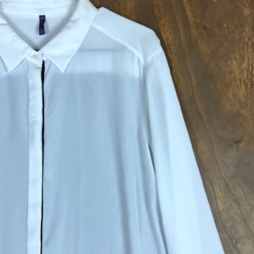 NYDJ NYDJ Blouse White Black Collared Long Sleeve Button Down Sheer XL Women’s Shirt Front View Casual Workwear Boho Preppy 2000s? Size XL / US 12-14 / IT 48-50 - 5 Thumbnail