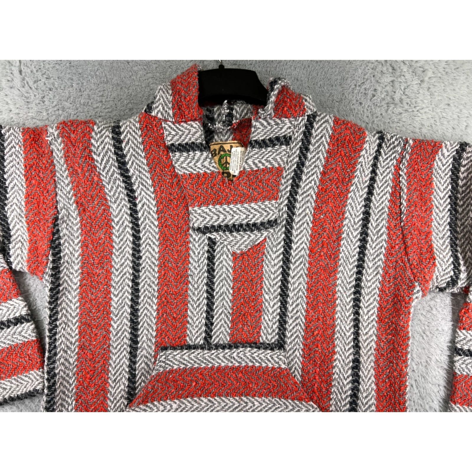 Vintage VINTAGE Baja Joe Hoodie Mens Large Red Gray Acrylic Blend Drug Rug Made Mexico Poncho Size US L / EU 52-54 / 3 - 4 Thumbnail