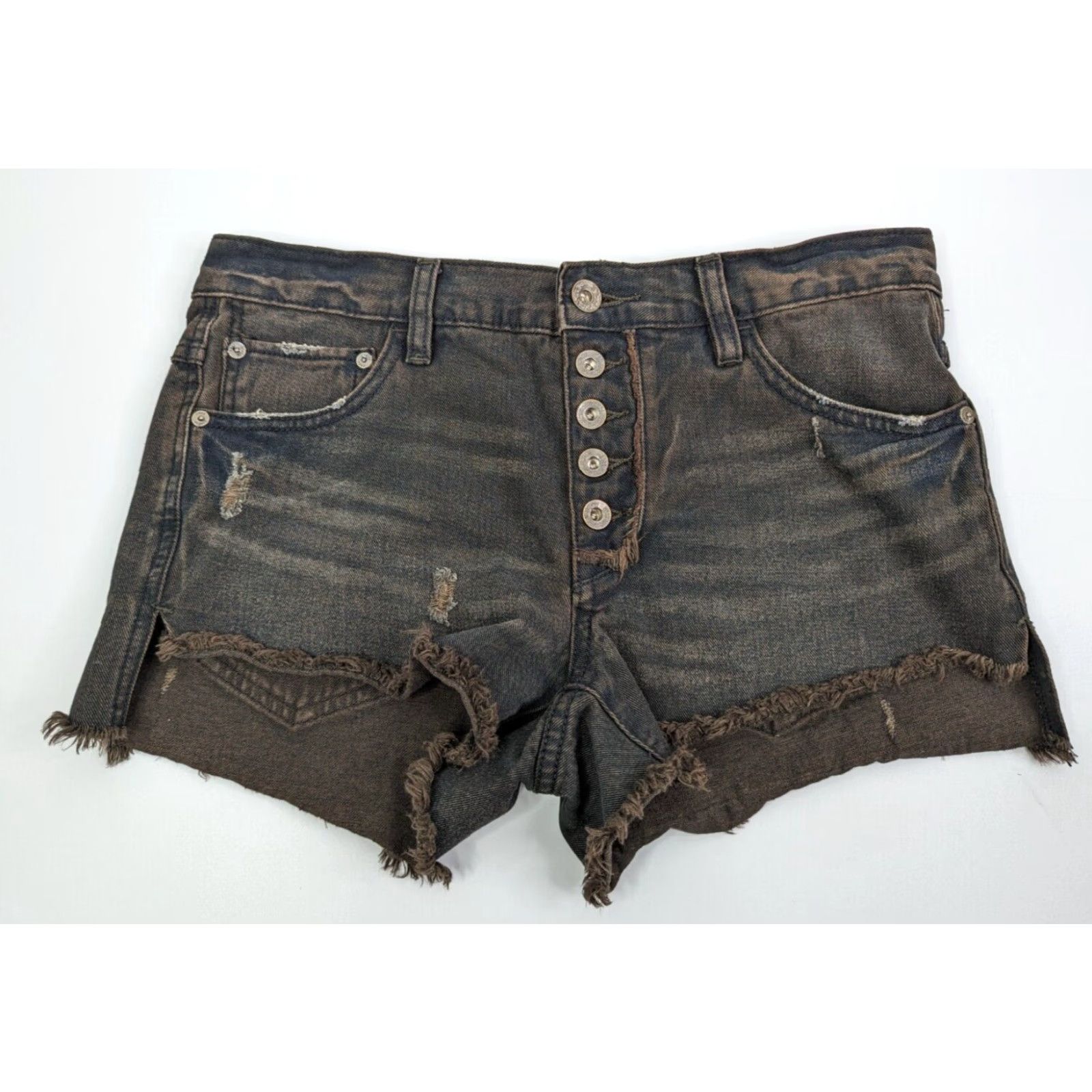 Free People Free People Runway Black Button Fly Distressed Cut Off Jean Shorts Size 26 Womens Regular Denim Short Color Black Button Front 26 Size 26" / US 2 / IT 38 - 2 Thumbnail