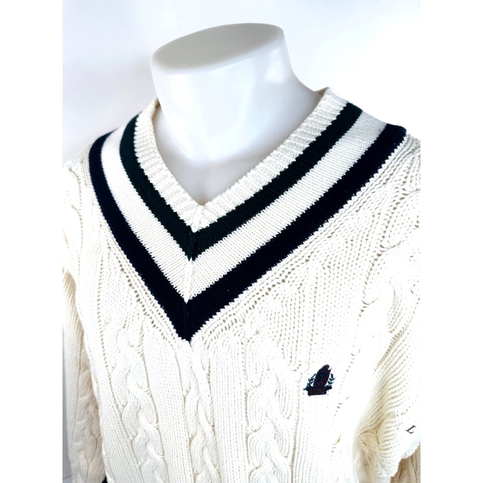 Izod IZOD Sweater - Chunky-Knit V-Neck Pullover, Embroidered, Vintage Old Stock, L, Men, Cream/Blue/Green, Knit Knit, MDL Size US L / EU 52-54 / 3 - 2 Thumbnail