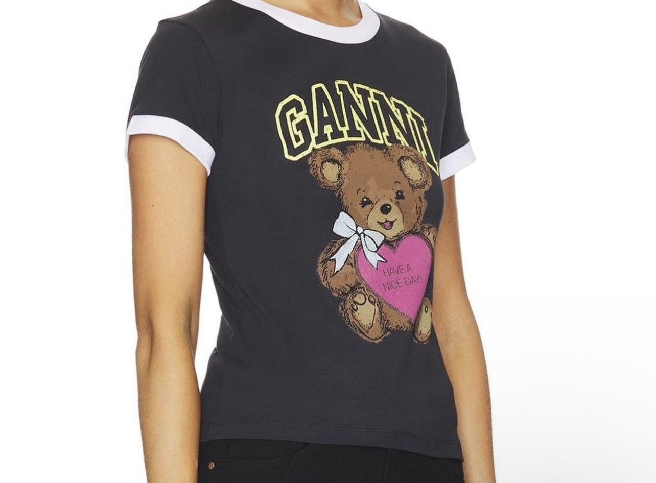 Ganni Ganni Cotton Tee with Pink Heart Bear Graphic MEDIUM Size M / US 6-8 / IT 42-44 - 2 Thumbnail