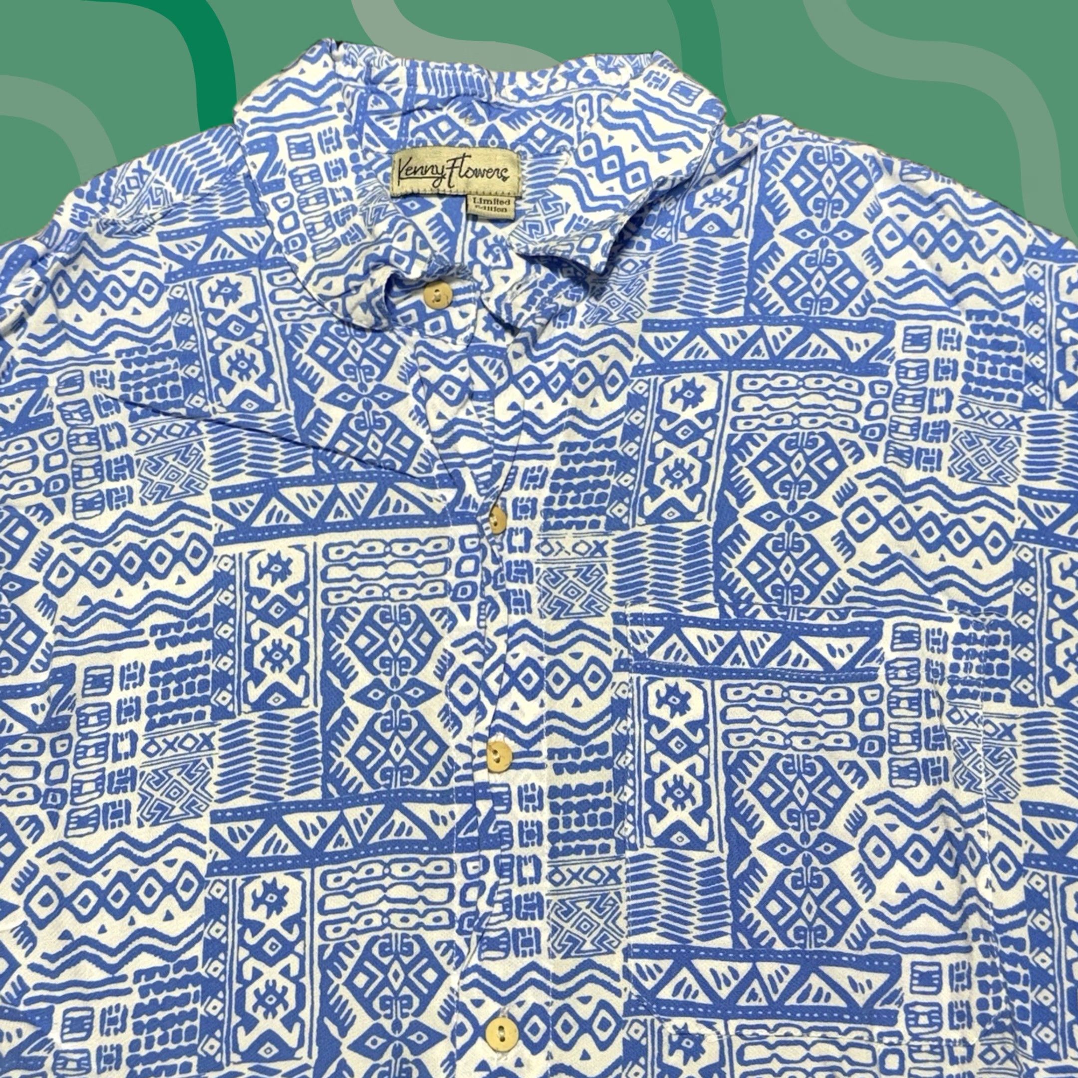 Vintage Kenny Flowers Shirt Mens XL Blue Geometric Limited Edition Short Sleeve Rayon Button-Up - Regular Fit, Casual, Holiday, Indonesia, button-down Size US XL / EU 56 / 4 - 1 Thumbnail