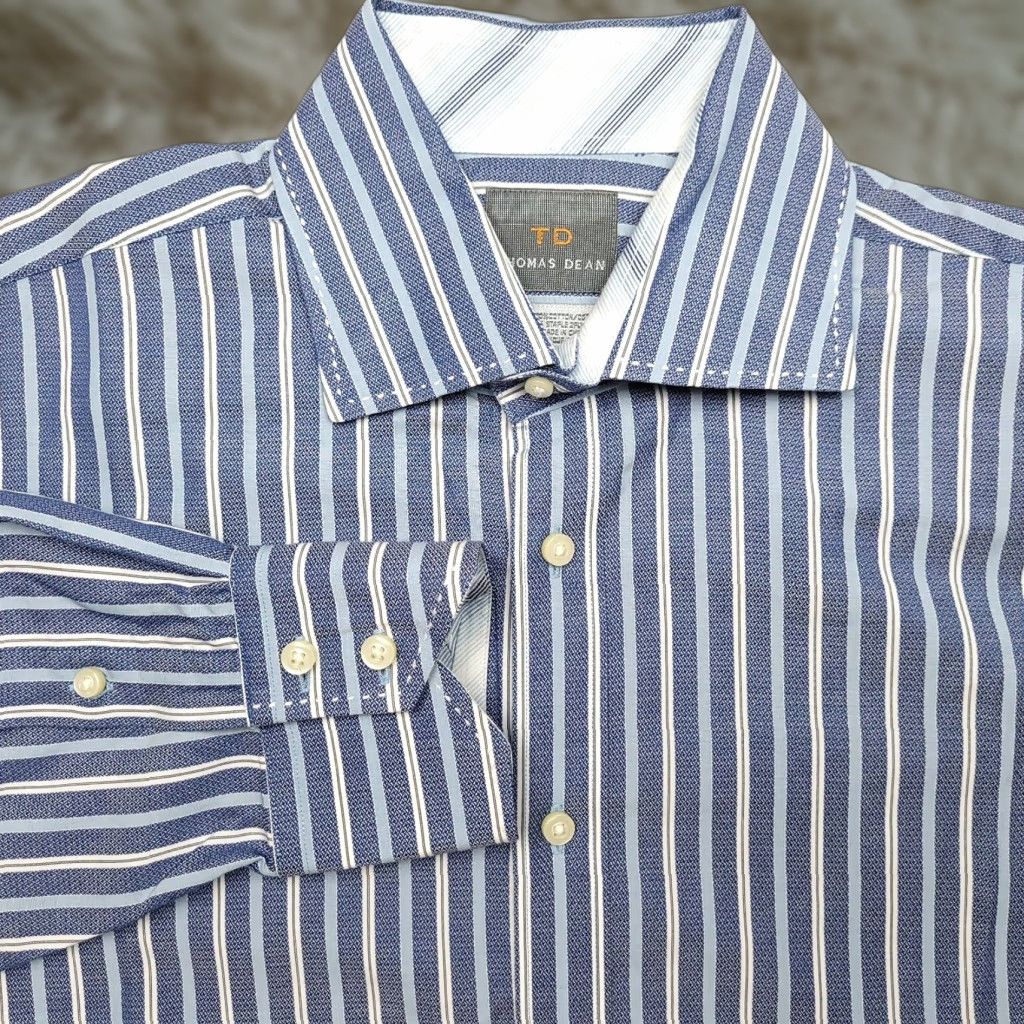 Vintage Thomas & Thomas Dress Shirt Mens Large Blue Striped Long Sleeve Button-Down 100% Cotton Size 42R - 1 Thumbnail