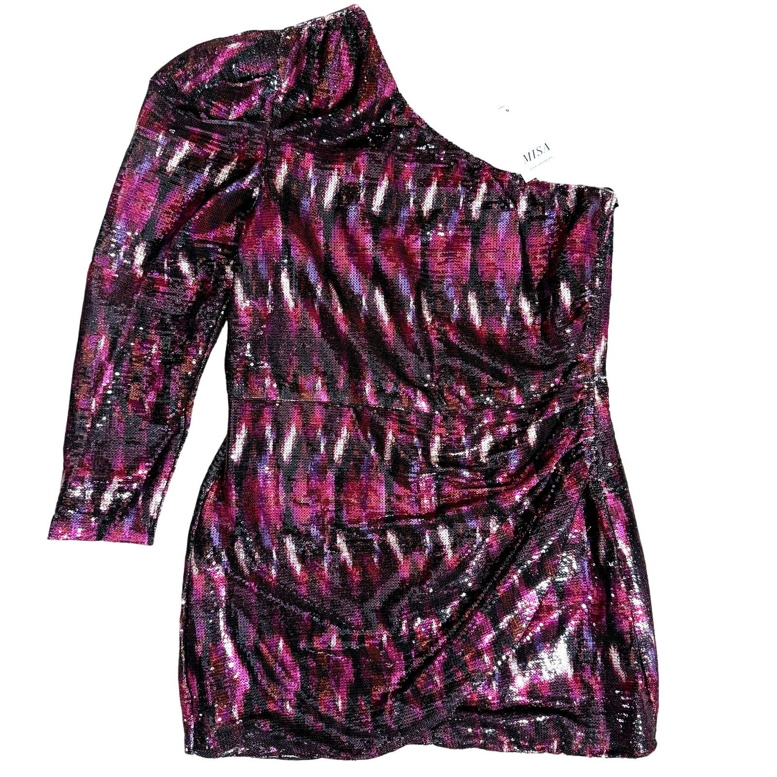 MISA Los Angeles Misa LA Nova One-Shoulder Sequin Minidress L Fuchsia Size L / US 10 / IT 46 - 2 Thumbnail