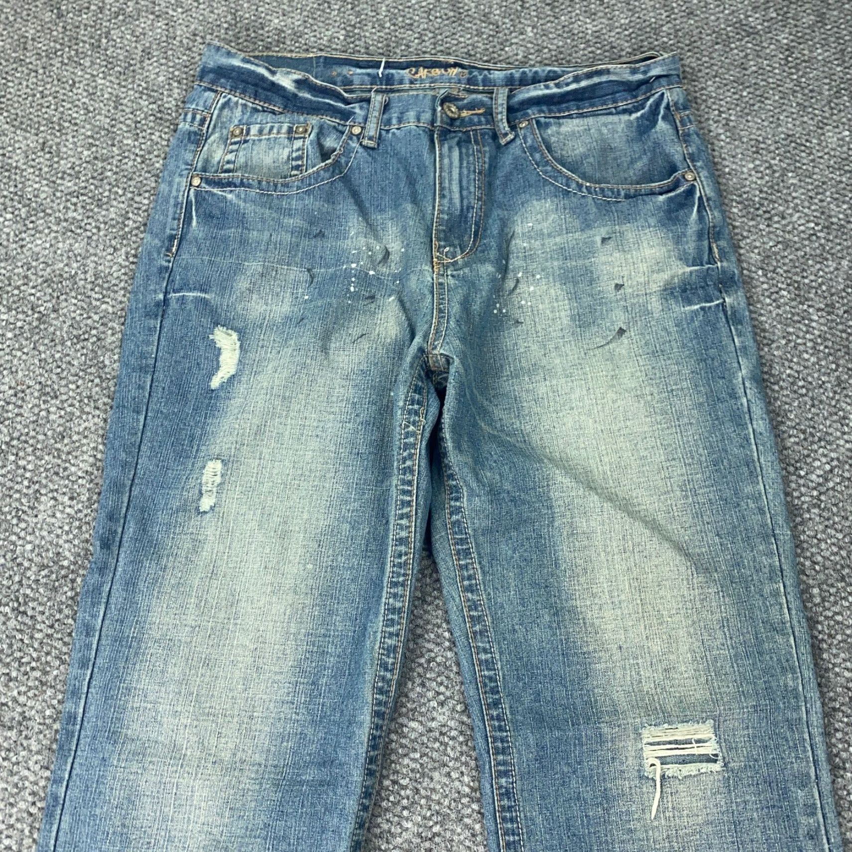 Carbon Carbon Boot Cut Jeans Mens 34x32 Blue Denim Faded Distressed Paint Splatter Size US 35 - 2 Thumbnail