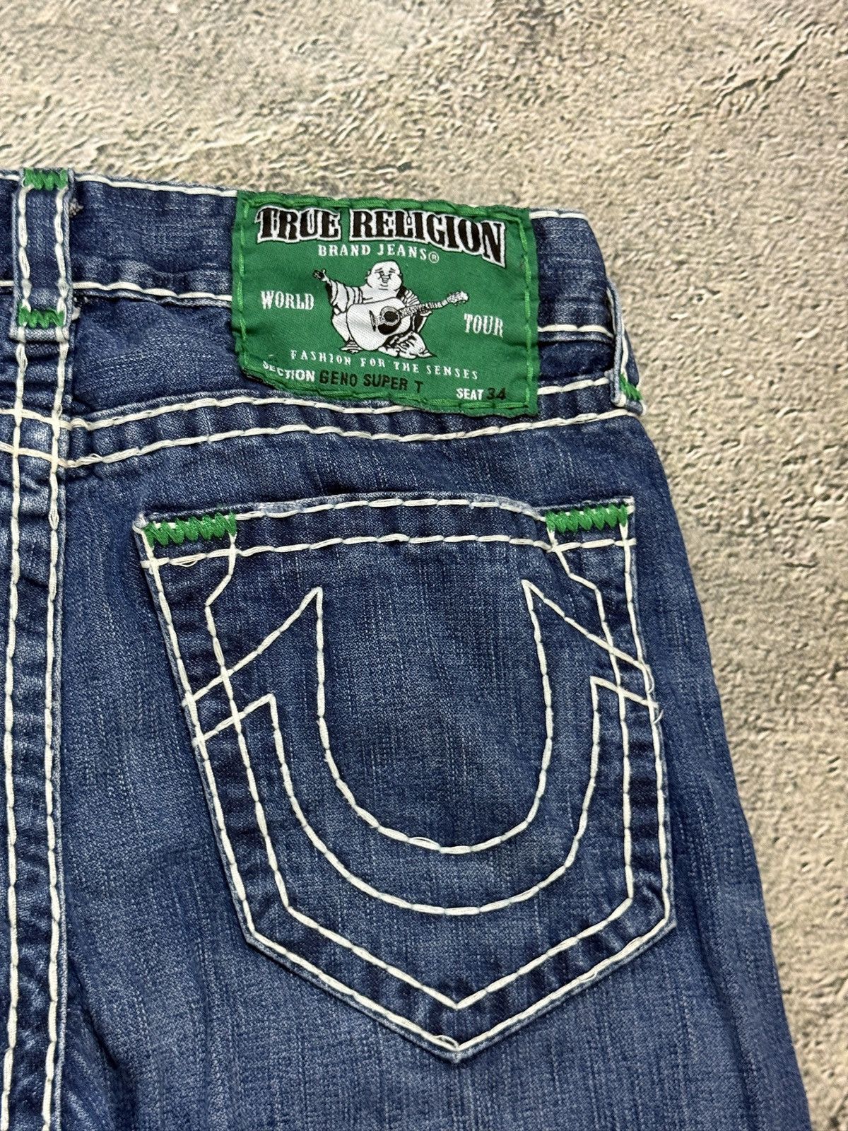 True Religion True Religion Geno Green tab blue jeans white stitching Size US 30 / EU 46 - 4 Thumbnail