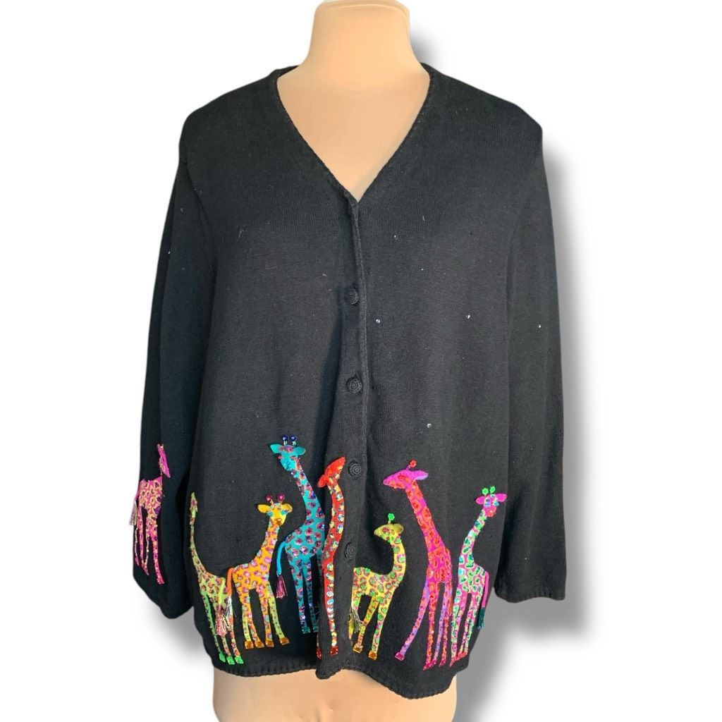 Vintage Vintage Michael Simon Embroidered Cardigan Sweater Black Col Size 4XL / US 24-26 - 1 Thumbnail