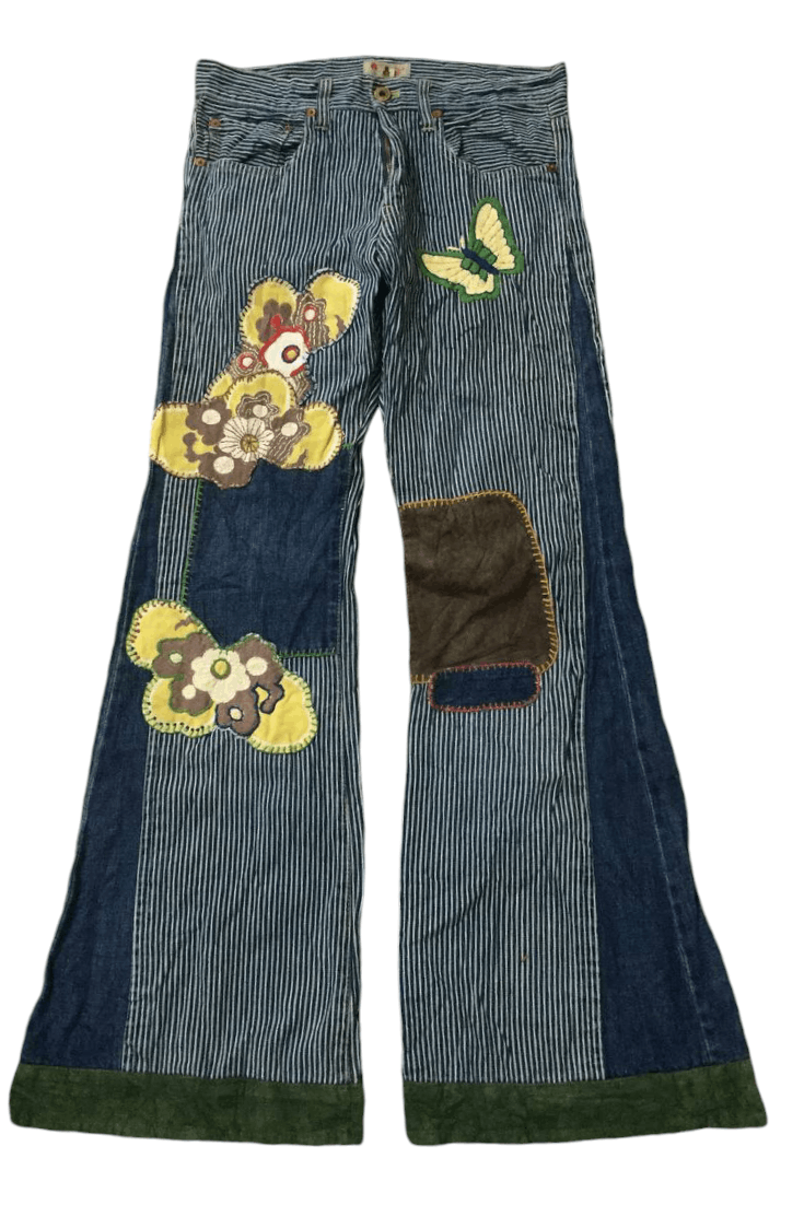 Japanese Brand SICK CRAZY POEM FLARE PATCHWORK DENIM PANTS Size 30" / US 8 / IT 44 - 1 Thumbnail