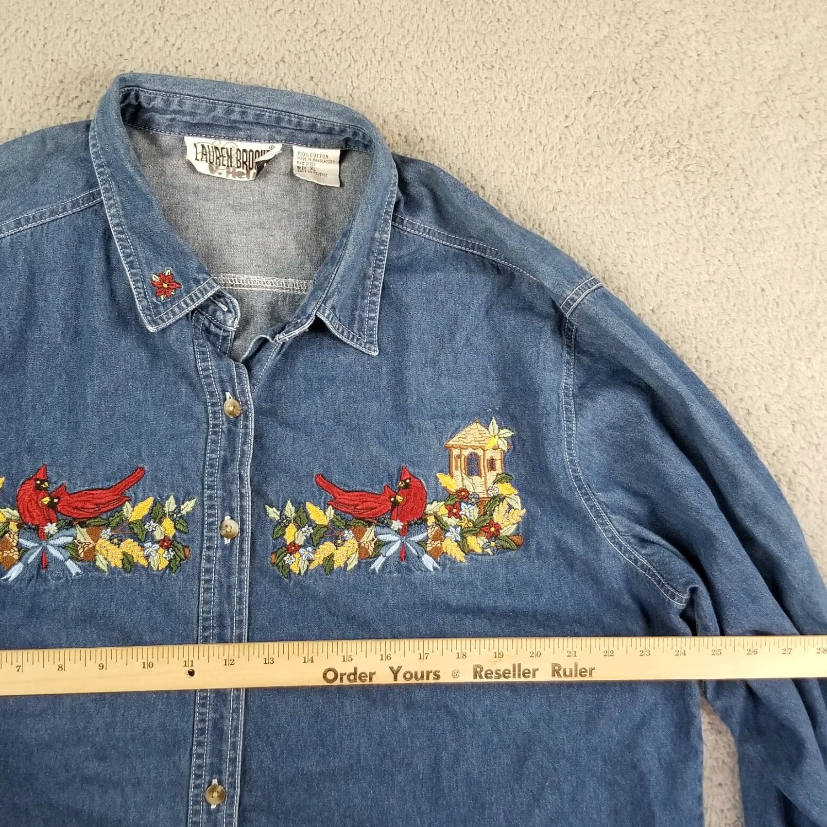 Vintage VINTAGE Lauren Brooke Denim Top Shirt Women XL Blue Embroidered Birds 90s Style Button-Up Blouse Ladies XL Size XL / US 12-14 / IT 48-50 - 7 Thumbnail