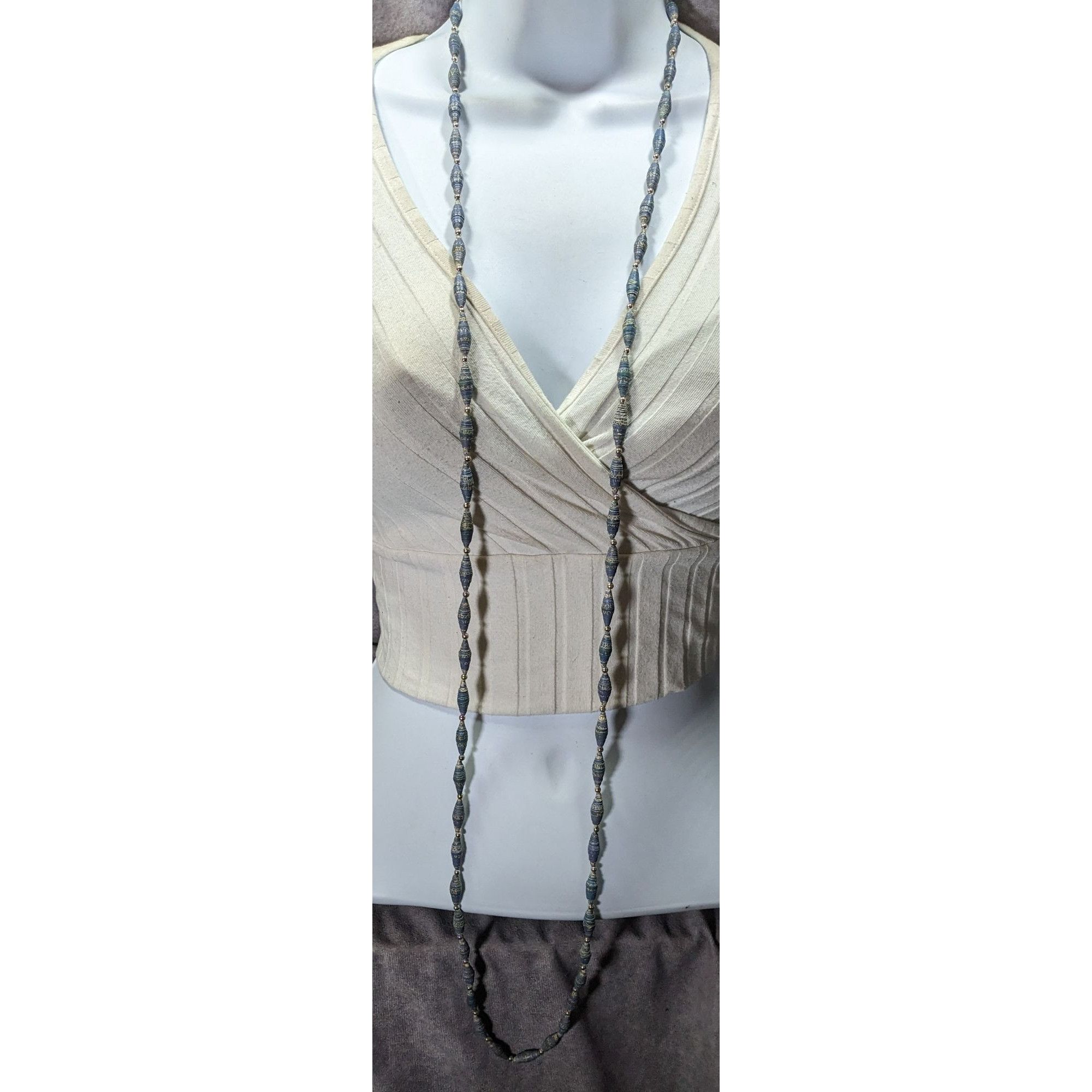 Other Vintage Blue Wrapped Paper Beaded Necklace With Silver Tone Size ONE SIZE - 2 Thumbnail