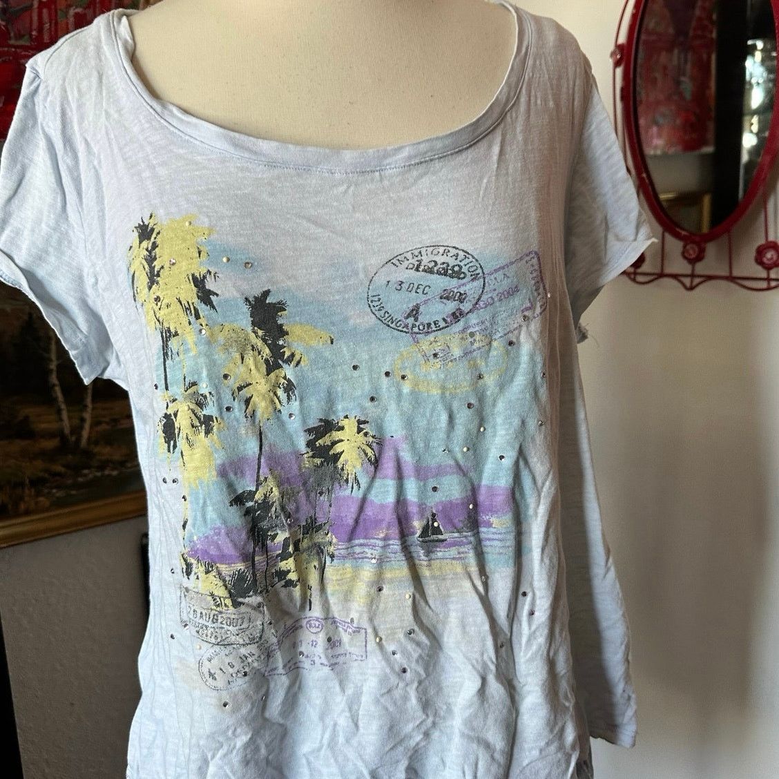 Other style & co palm tree light blue short sleeve shirt Size XL / US 12-14 / IT 48-50 - 2 Thumbnail