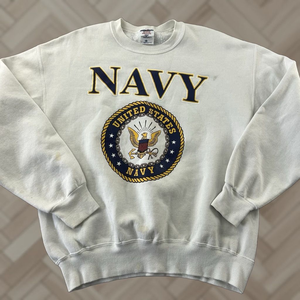 Jerzees VINTAGE U.S. NAVY Jerzees Super Sweats Pullover Crewneck Sweatshirt Men’s Large Shirt Mens L White Jerzees Navy 90s? Size US L / EU 52-54 / 3 - 1 Thumbnail