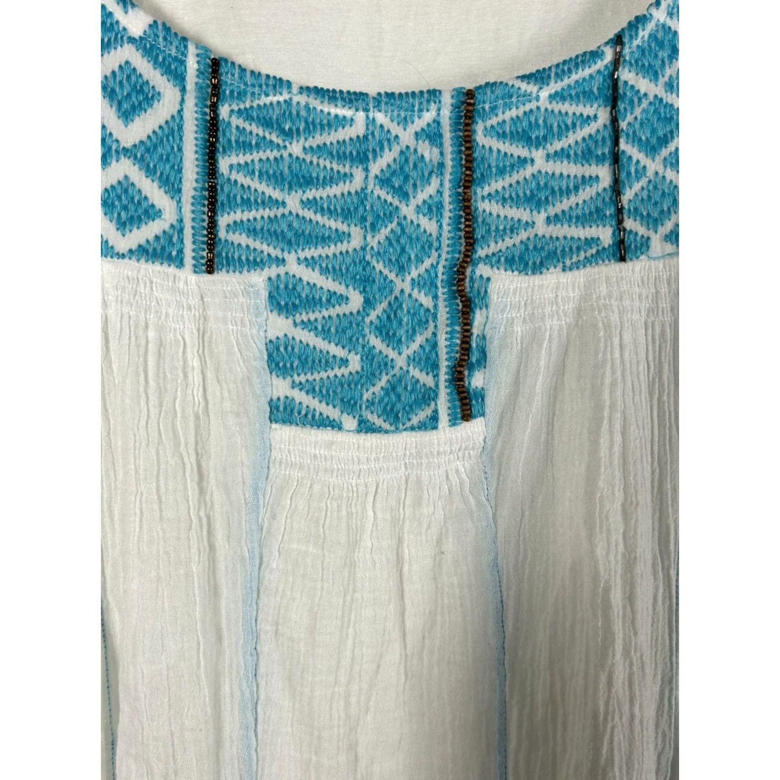 Vintage A Common Thread Anthropologie Womens Tunic Top Large Embroidered White/Blue NWOT Casual Geometric Aztec Bohemian Size L / US 10 / IT 46 - 2 Thumbnail