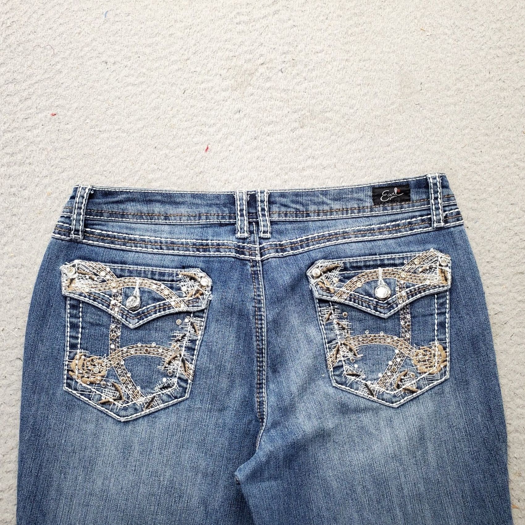 Vintage Earl Jeans Womens Bootcut Jeans 8P Blue Petites 5-Pocket Embroidered Beaded Thick Stitch Denim Size 30" / US 8 / IT 44 - 8 Thumbnail