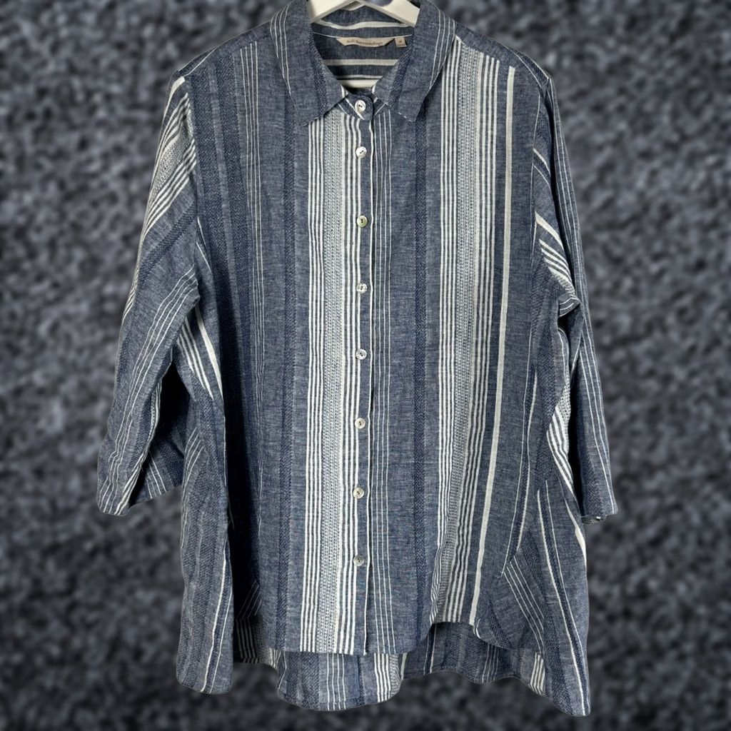Soft Surroundings Soft Surroundings Blue Striped Linen Cotton Button-Down Tunic Shirt Plus 1X NWOT Ladies Casual 3/4 Sleeve High-Low Hem Size 1X Blue/White Shirt Size XL / US 12-14 / IT 48-50 - 1 Thumbnail
