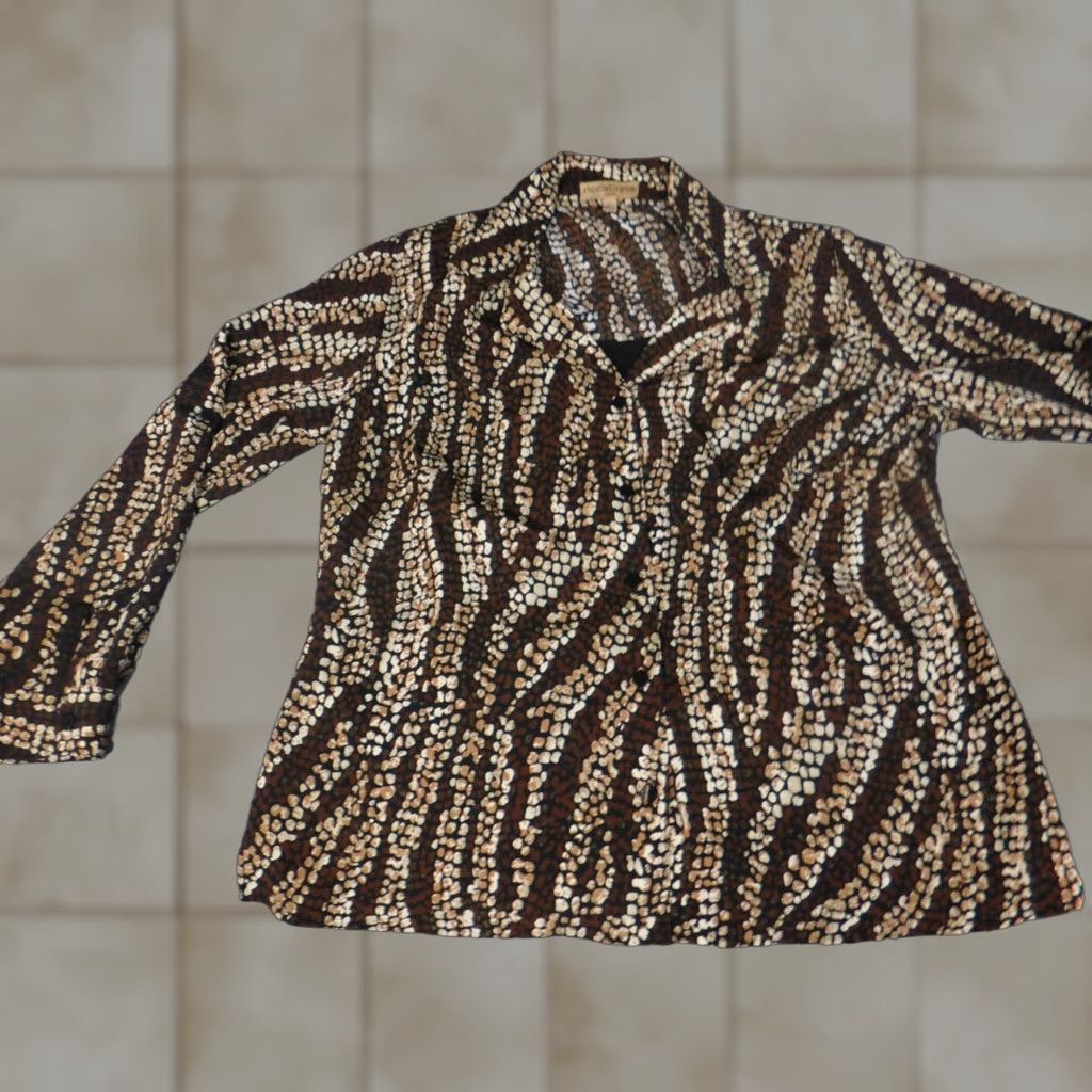 Vintage Notations Button-Up Blouse 1X Plus Brown Short Sleeve Crew Neck Pullover Casual Polyester Floral Down Fit Regular Womens Size XL / US 12-14 / IT 48-50 - 1 Thumbnail