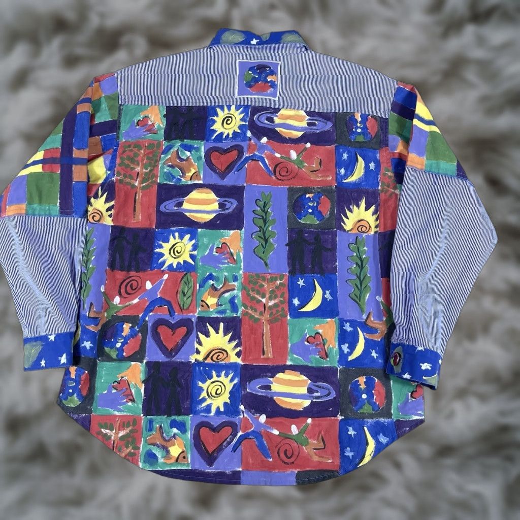 VINTAGE Silk Scapes Hand Painted Shirt Womens Medium Art Patchwork Oversized 90s Shirt