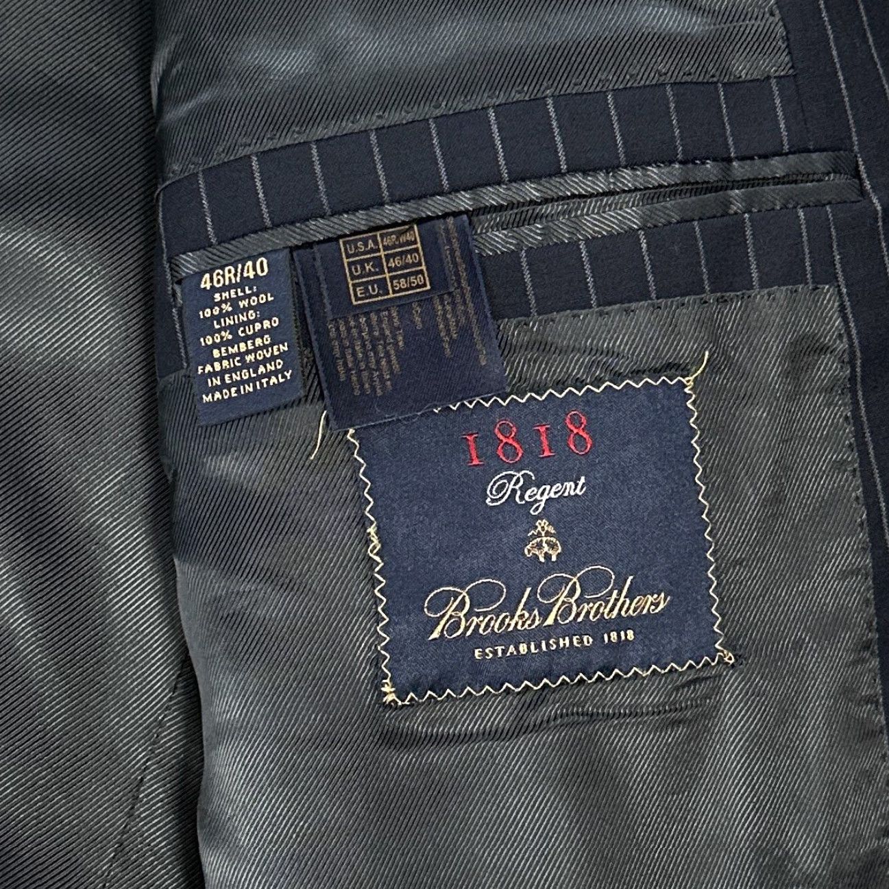 Brooks Brothers Brooks Brothers 1818 Suit Jacket Mens 46R Navy Blue Pinstripe Regular Fit Double-Vented Wool Classic Preppy Size 46R - 7 Thumbnail
