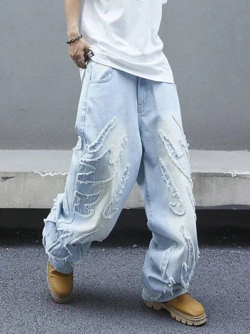 Jean × Vintage Distressed Baggy Custom Ripped Baby Blue Jeans Size US 32 / EU 48 - 1 Thumbnail