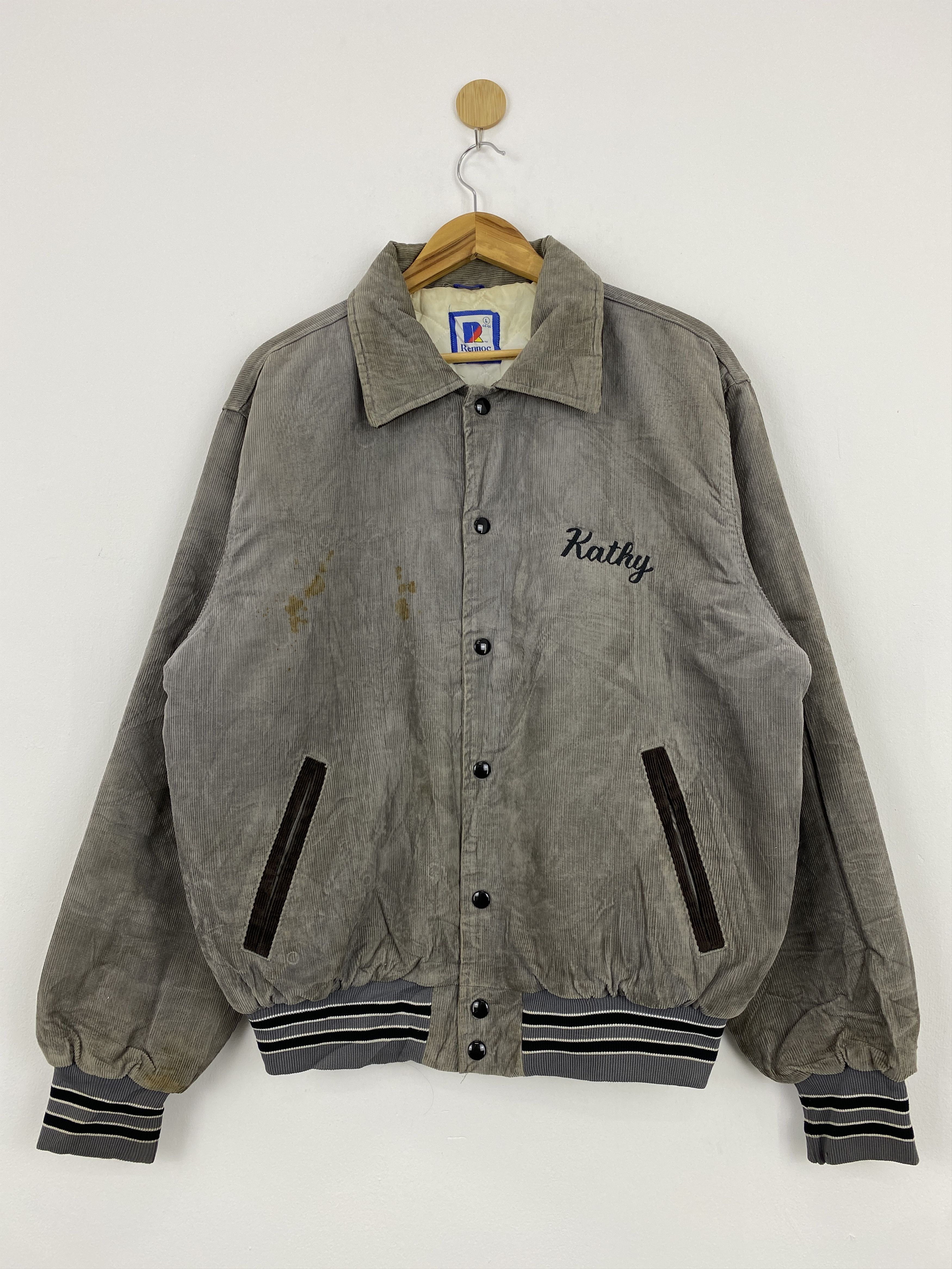 image of Rennoc Classic x Varsity Jacket Vintage 90's Rennoc Made In Usa Corduroy Bomber Jacket in Grey (Siz