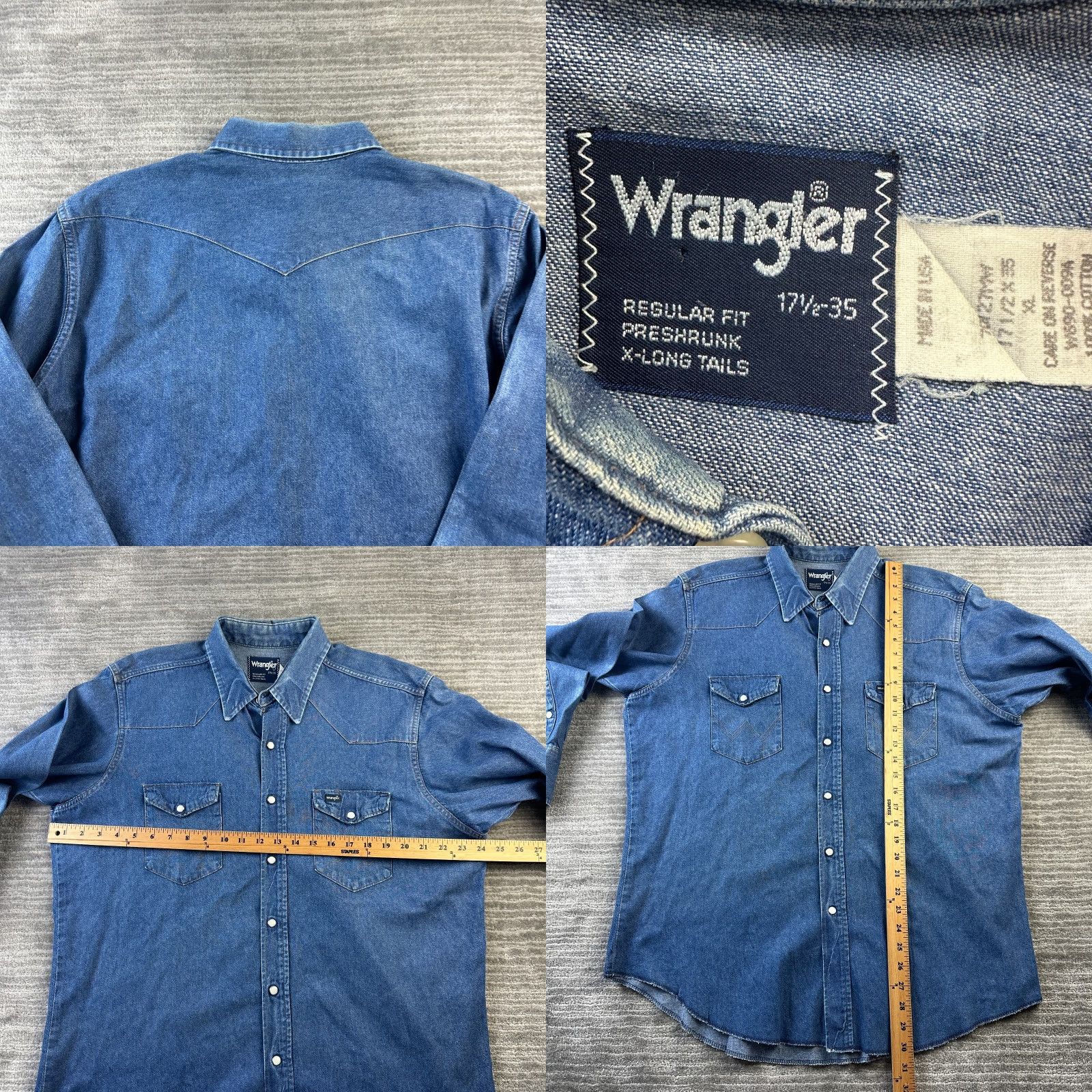 Wrangler Wrangler Shirt Mens 17.5 35 Western Blue Denim X-Long Tails USA Brushpopper Size US XL / EU 56 / 4 - 8 Thumbnail