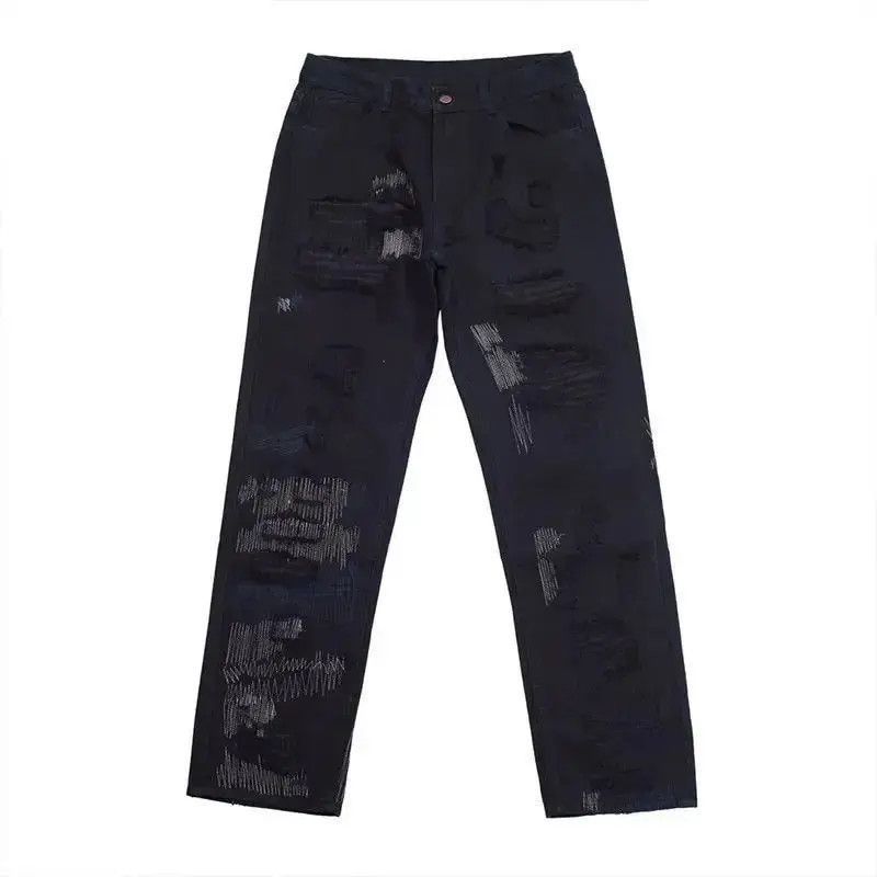 Embroidered patch hole straight jeans stitching jogging pant