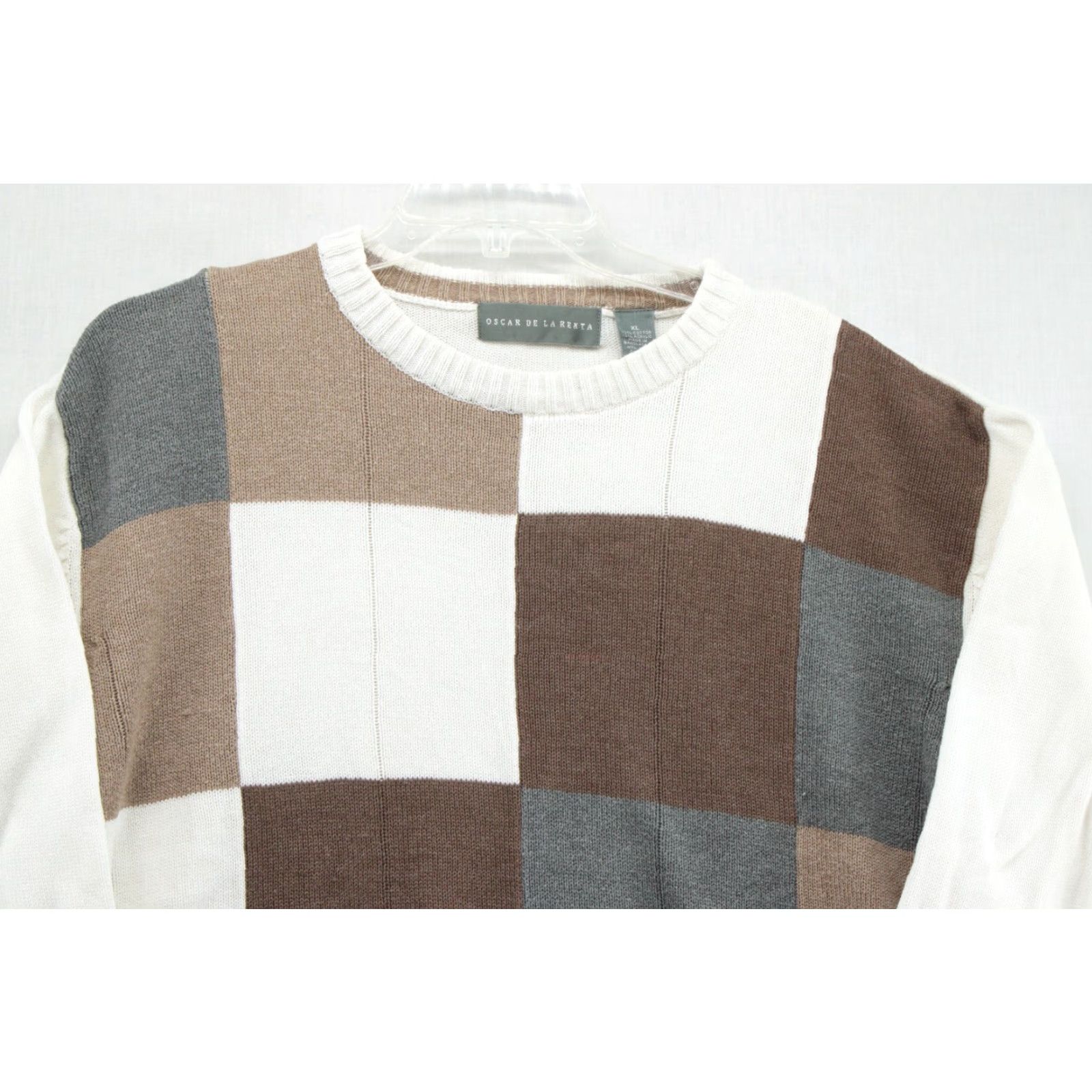 Oscar De La Renta Oscar de la Renta Sweater XL Patchwork Check Preppy Brown Beige Gray Pullover Knit Men's Size US XL / EU 56 / 4 - 2 Thumbnail