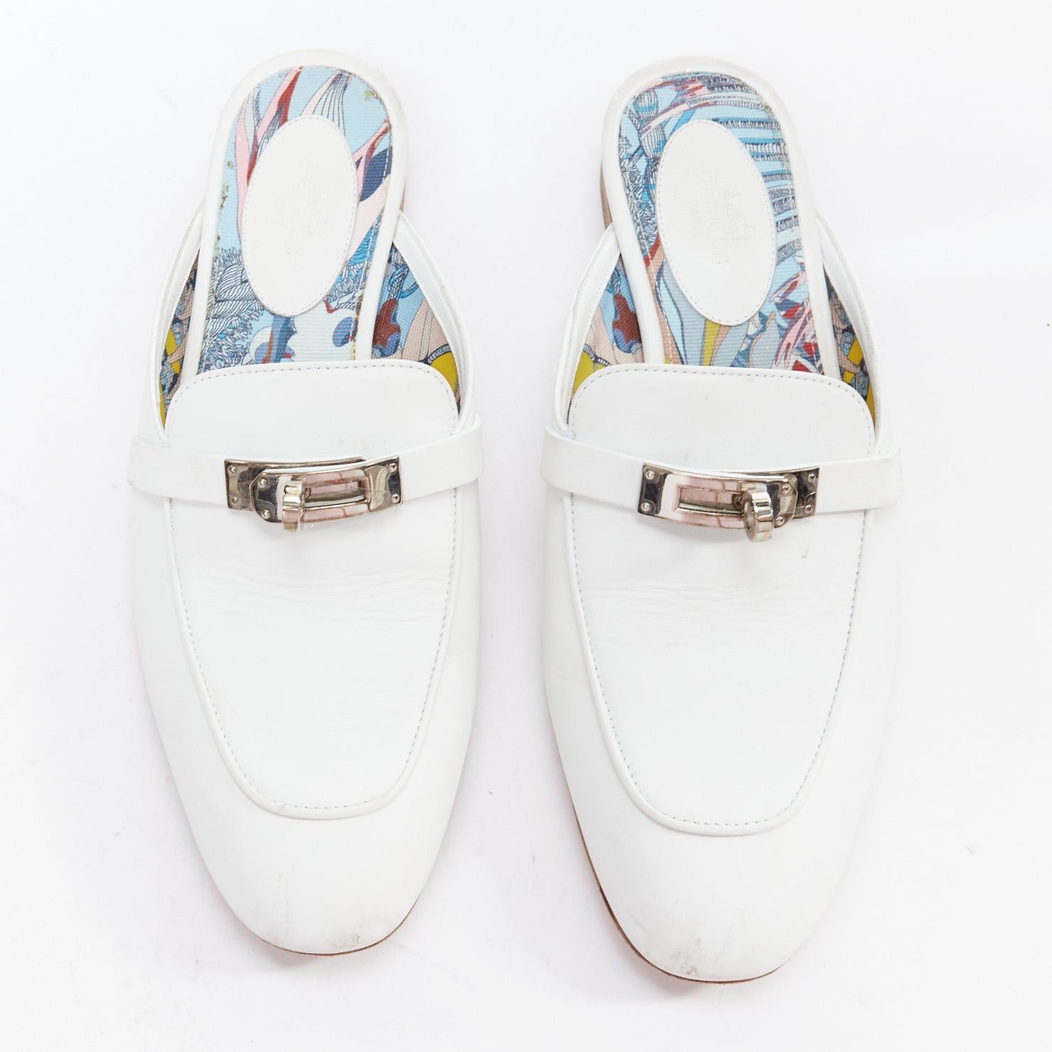 Hermes HERMES Oz white calfskin leather silver Kelly turnlock mules EU37 Size US 7 / IT 37 - 1 Thumbnail