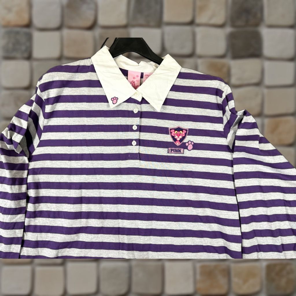 Vintage VINTAGE Pink Panther Polo Shirt Womens 22/24 Striped Purple Gray Logo Rugby Shirt Long Sleeve Casual Mens Women Girls Size 3XL / US 20-22 - 1 Thumbnail