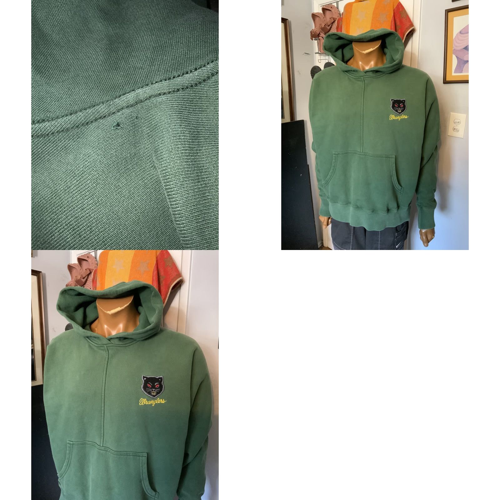 Vintage BTFL Beautiful FUL Black Cat Wranglers Green Terry Fleece Pullover Hoodie M Mens Green Cat Wranglers Hoodie 90s Size US M / EU 48-50 / 2 - 8 Thumbnail