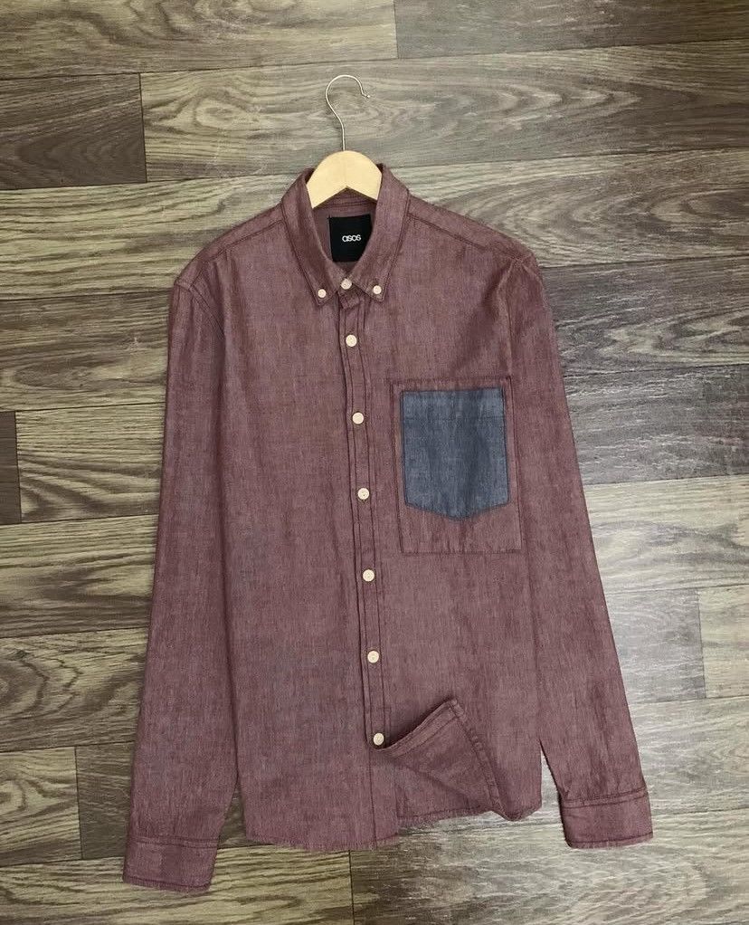 Asos Mens Shirt ASOS Cotton Chambray Burgundy Long Sleeve Size US S / EU 44-46 / 1 - 2 Thumbnail