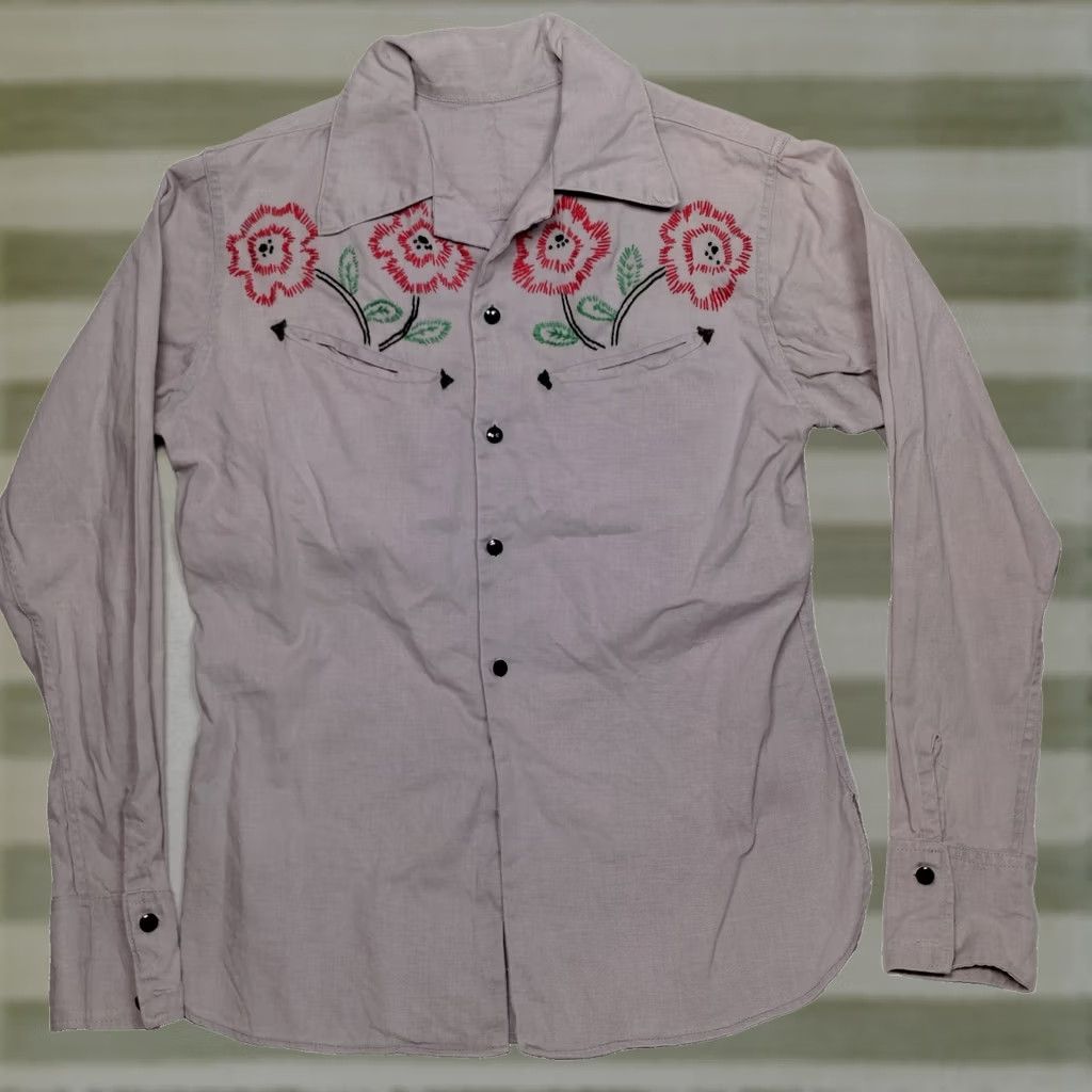 Vintage VINTAGE Handmade Shirt Womens S Gray Hand Embroidered Western Women Linen Rodeo Red Poppy Size S / US 4 / IT 40 - 1 Thumbnail