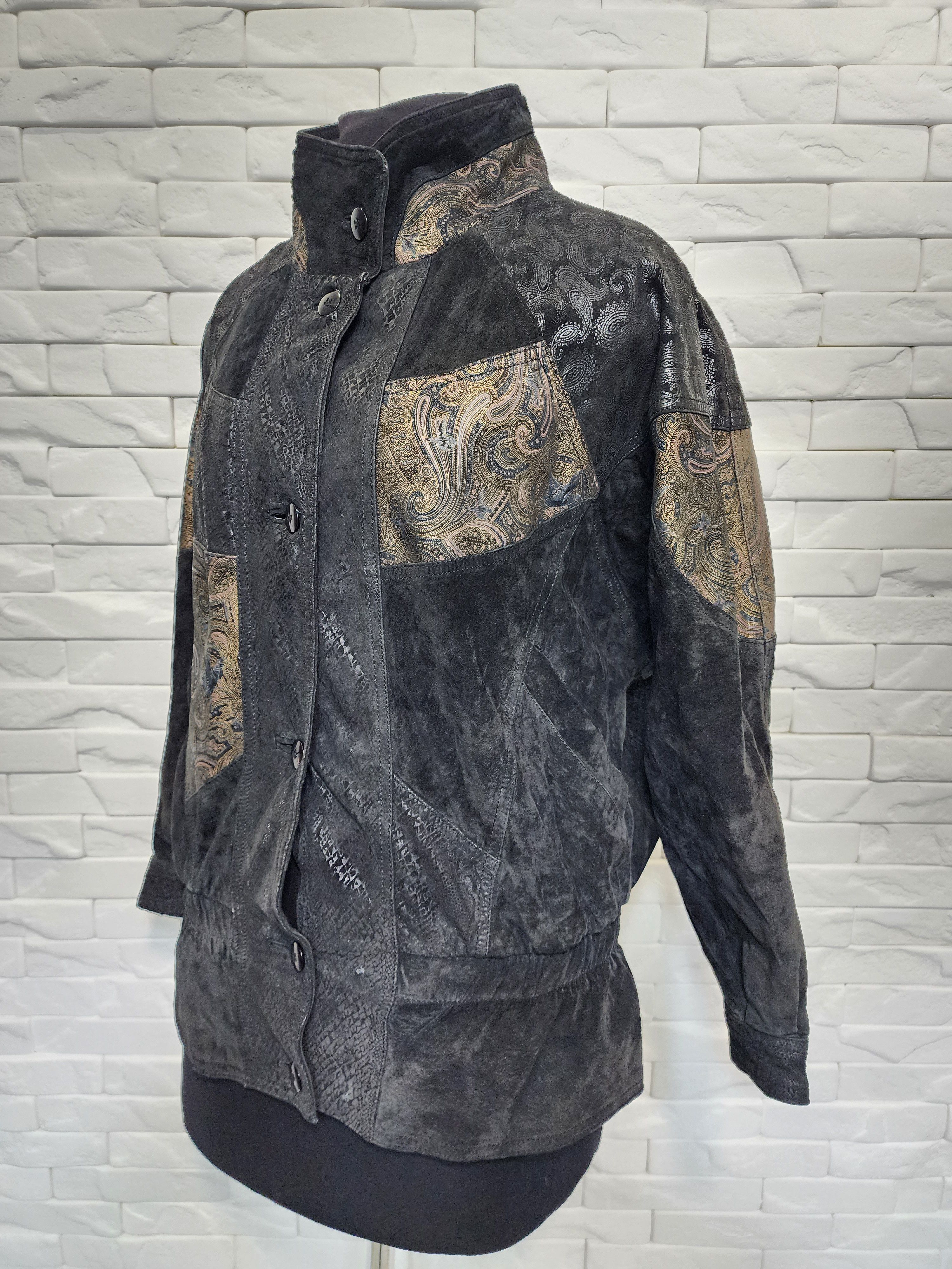 Genuine Leather Women's Leather Jacket: Black Painted Suede, Stand-Up Collar Size L / US 10 / IT 46 - 2 Thumbnail