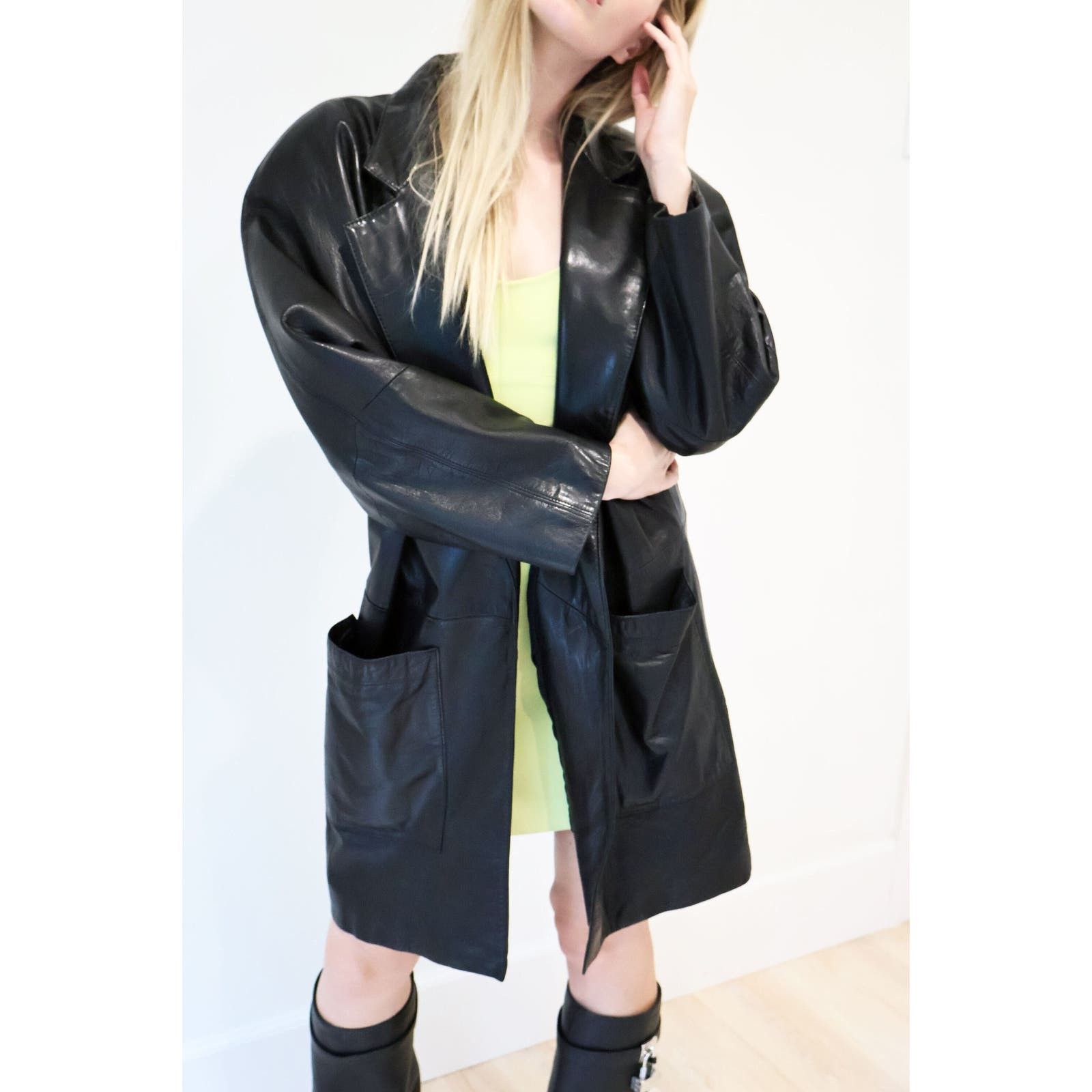 image of Vintage 1990S Black Patent Leather Minimalist Trench, Women's (Size Medium)