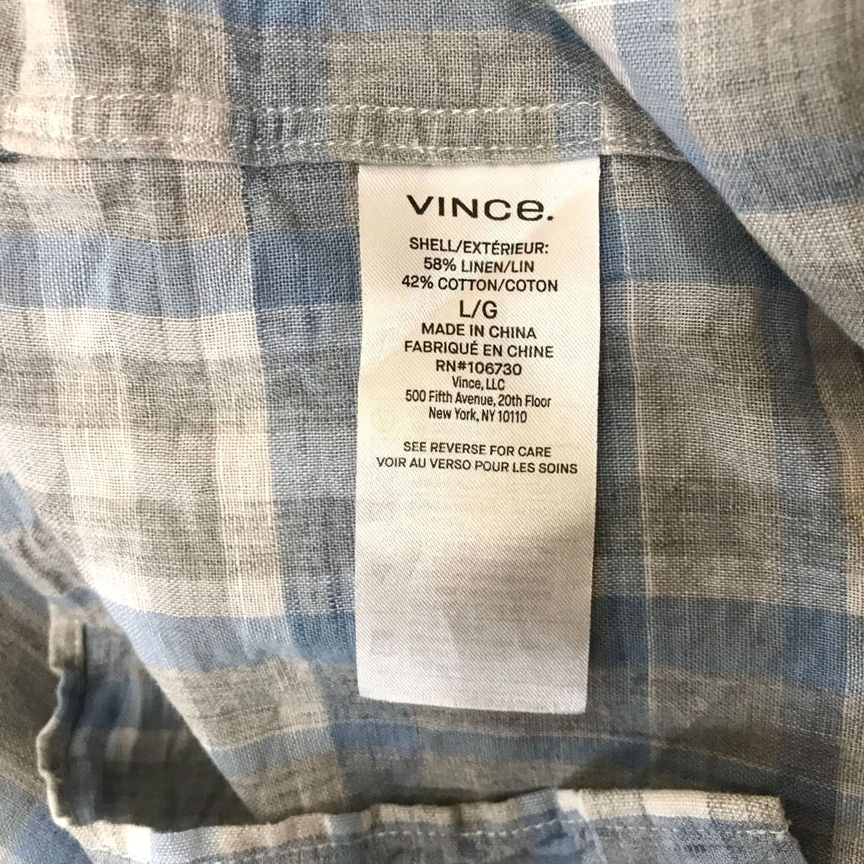 Vince Vince. Mens L Gray Plaid Short Sleeve Button-Up Linen Blend Classic Shirt Size US L / EU 52-54 / 3 - 8 Thumbnail