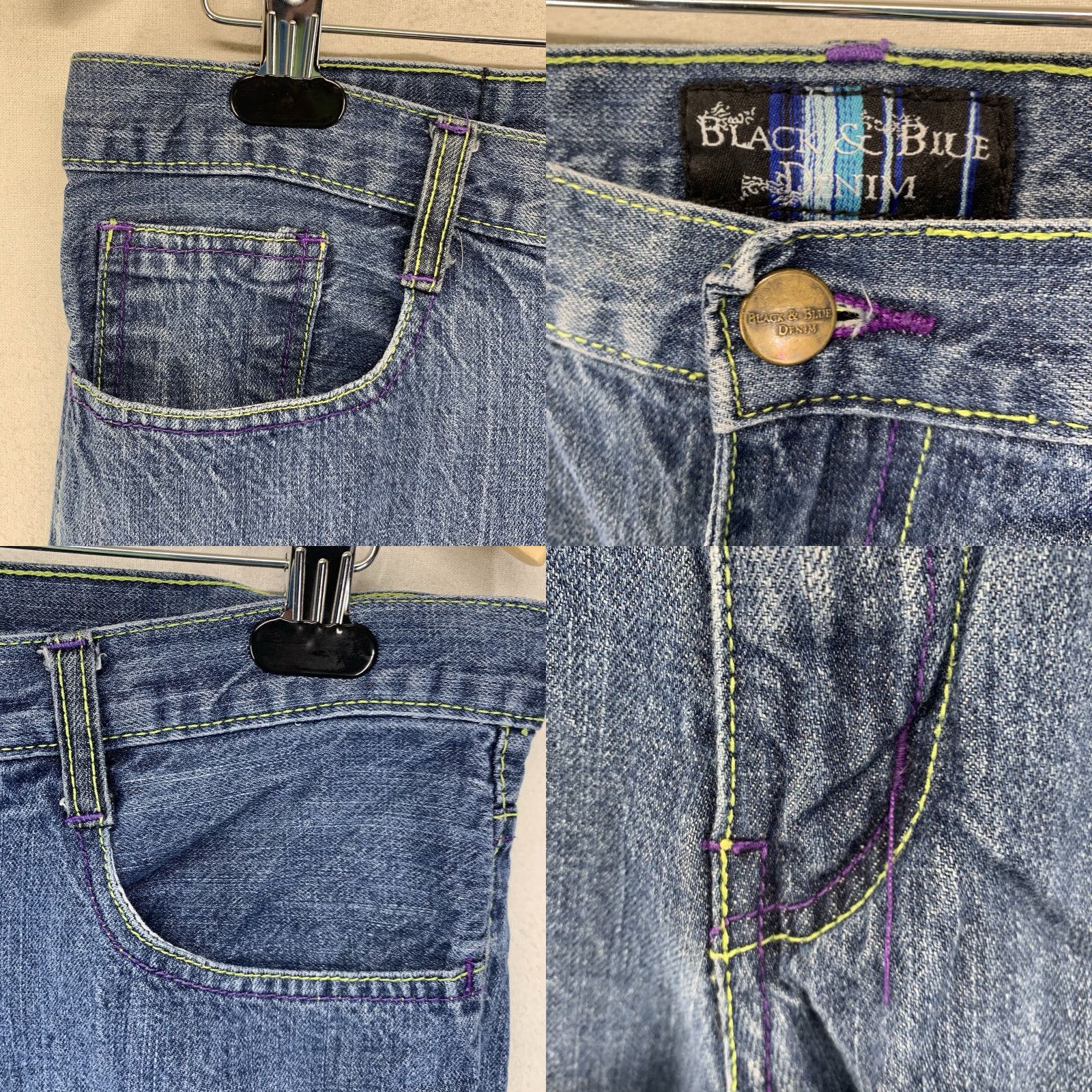Vintage Vintage Men’s Y2K Skater Jeans Wide-Leg 35x33 Denim Blue Neon Green Purple Stitching Size US 34 / EU 50 - 8 Thumbnail