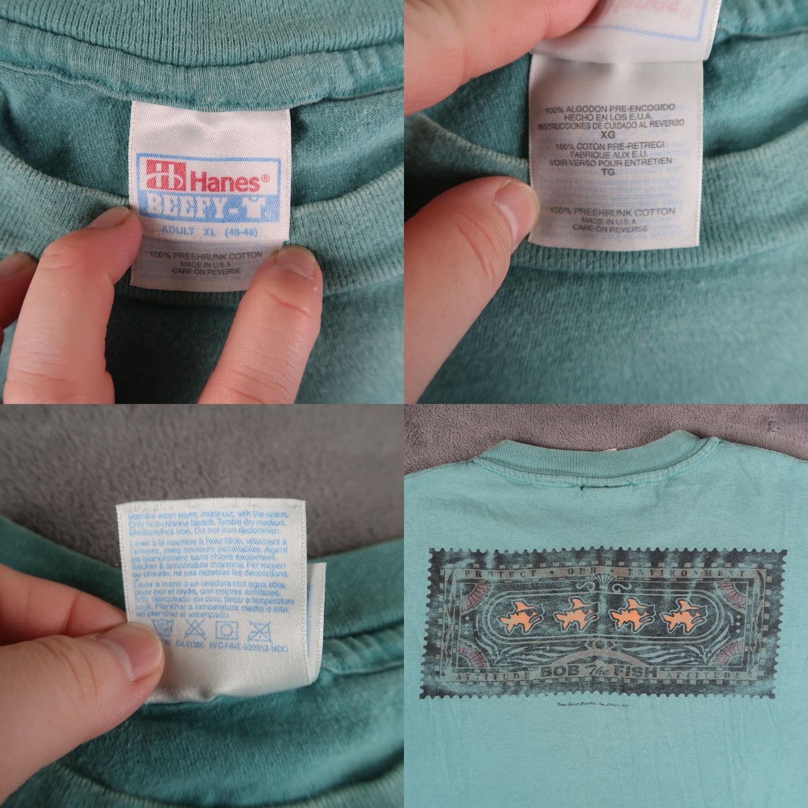 Hanes VINTAGE Bob The Fish T Shirt Mens XL 90s Green Hanes Graphic Print Crew Neck Short Sleeve Nature Fish Protect Our Environment Size US XL / EU 56 / 4 - 8 Thumbnail