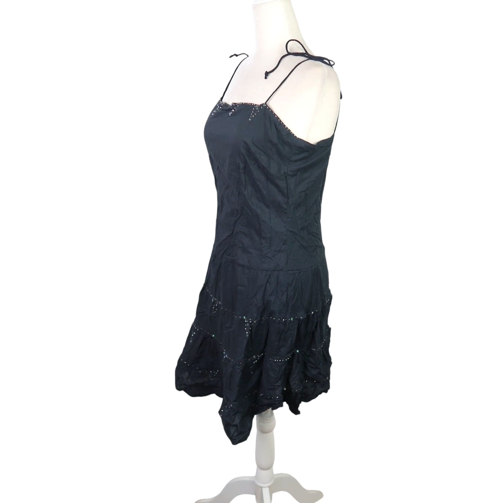 Vintage VINTAGE My Michelle Black Cotton Beaded Tiered Mini Dress 90s Bohemian Hippie Western Womens Small Short Sleeveless Beaded Zip Spring Summer Size S / US 4 / IT 40 - 3 Thumbnail