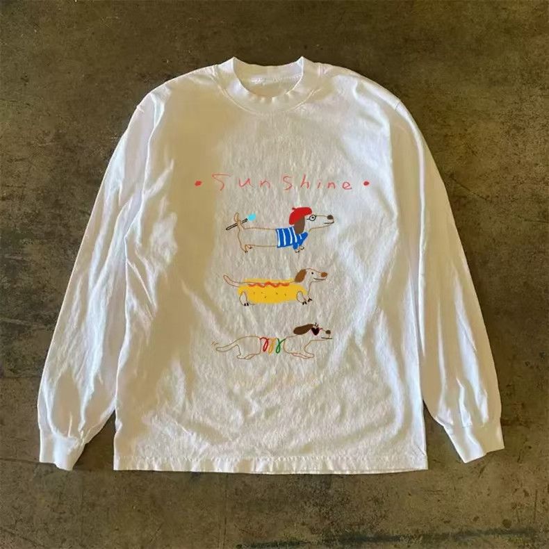 Vintage White casual retro dachshund print long-sleeved t-shirt Size US M / EU 48-50 / 2 - 1 Thumbnail
