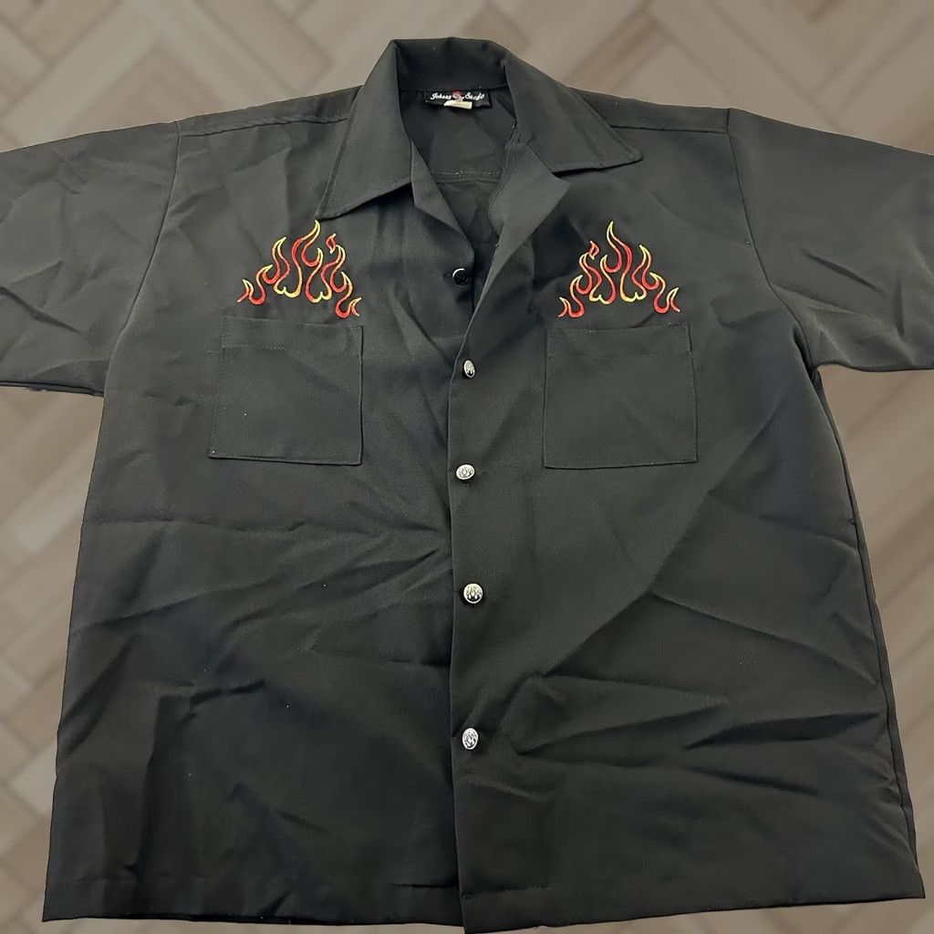 Vintage Johnny Suede Shirt Button-Up Short Sleeve Embroidered Flames Black L Mens Large Size US L / EU 52-54 / 3 - 1 Thumbnail