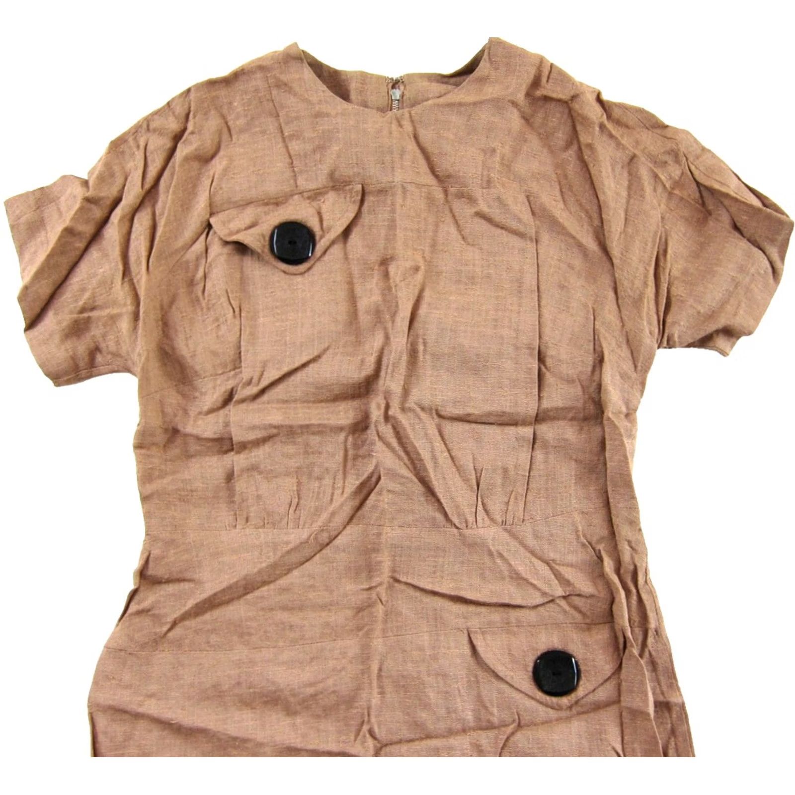 Vintage VINTAGE Handmade Dress - Sheath, A-Line, Kaftan - Short Sleeve - Brown - 1960s - Knee Length - Medium Size 32" / US 10 / IT 46 - 3 Thumbnail